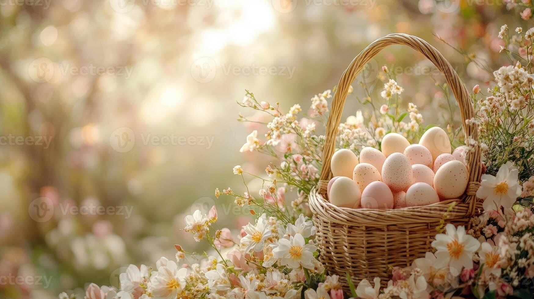 Easter eggs in basket surrounded by spring flowers during sunset photo
