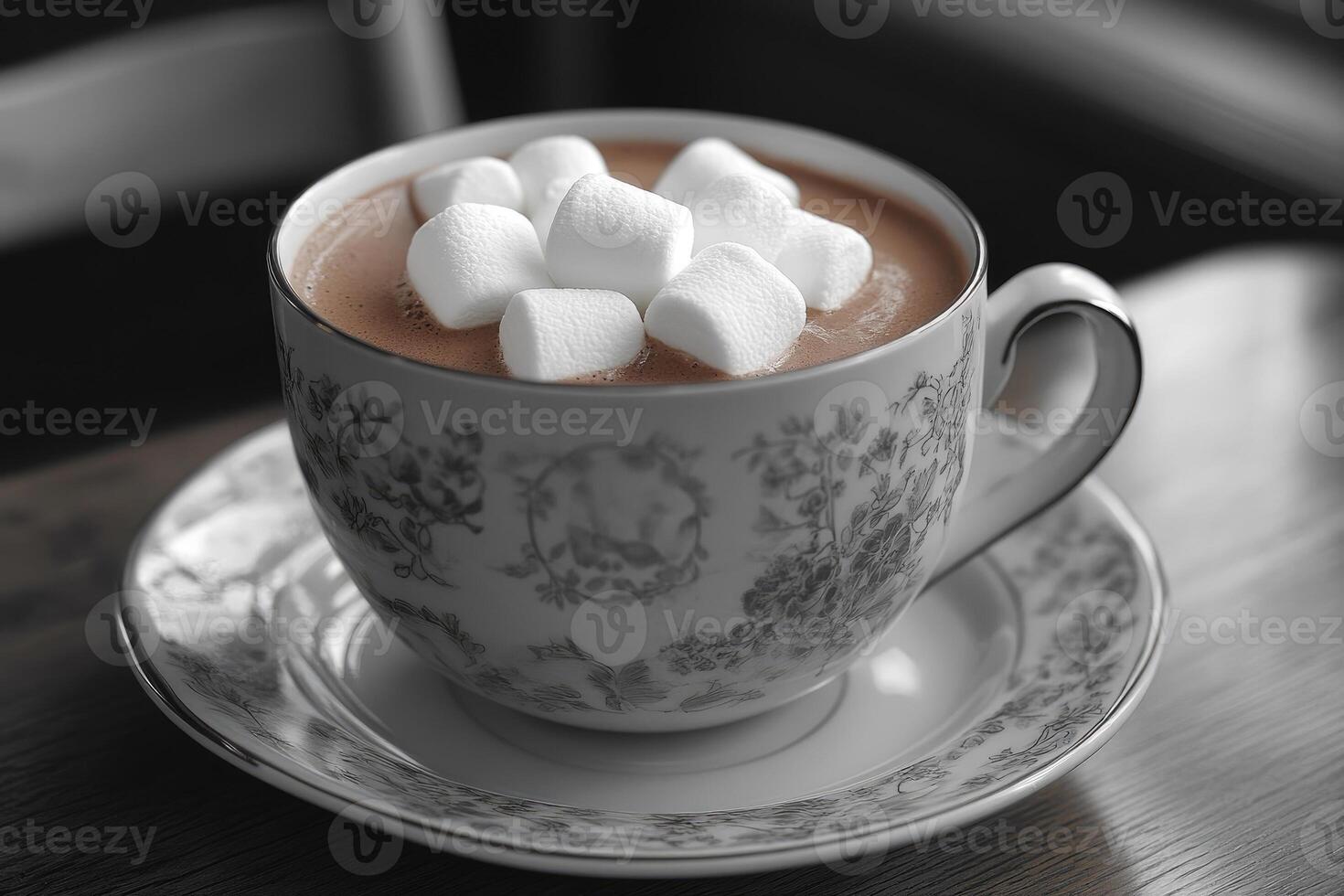 Hot chocolate with marshmallows in an elegant cup and saucer photo