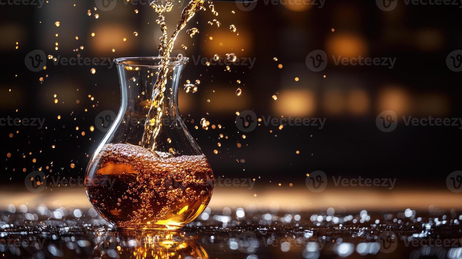 Pouring alcoholic beverage into glass decanter on wooden table with golden bokeh lights. photo