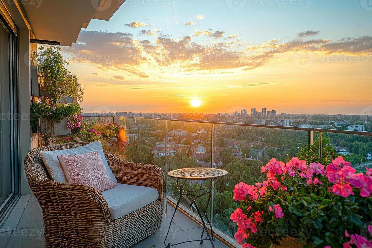 Cozy wicker armchair with pink pillows on balcony during golden hour sunset. photo