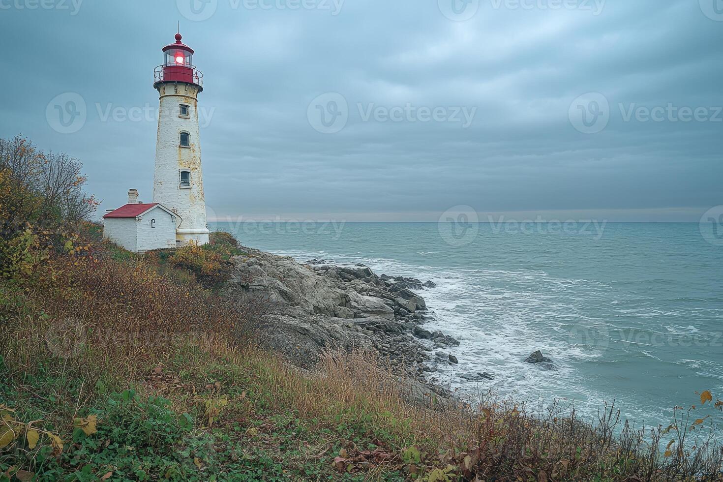 Lighthouse shining on a rocky coast during a cloudy day photo