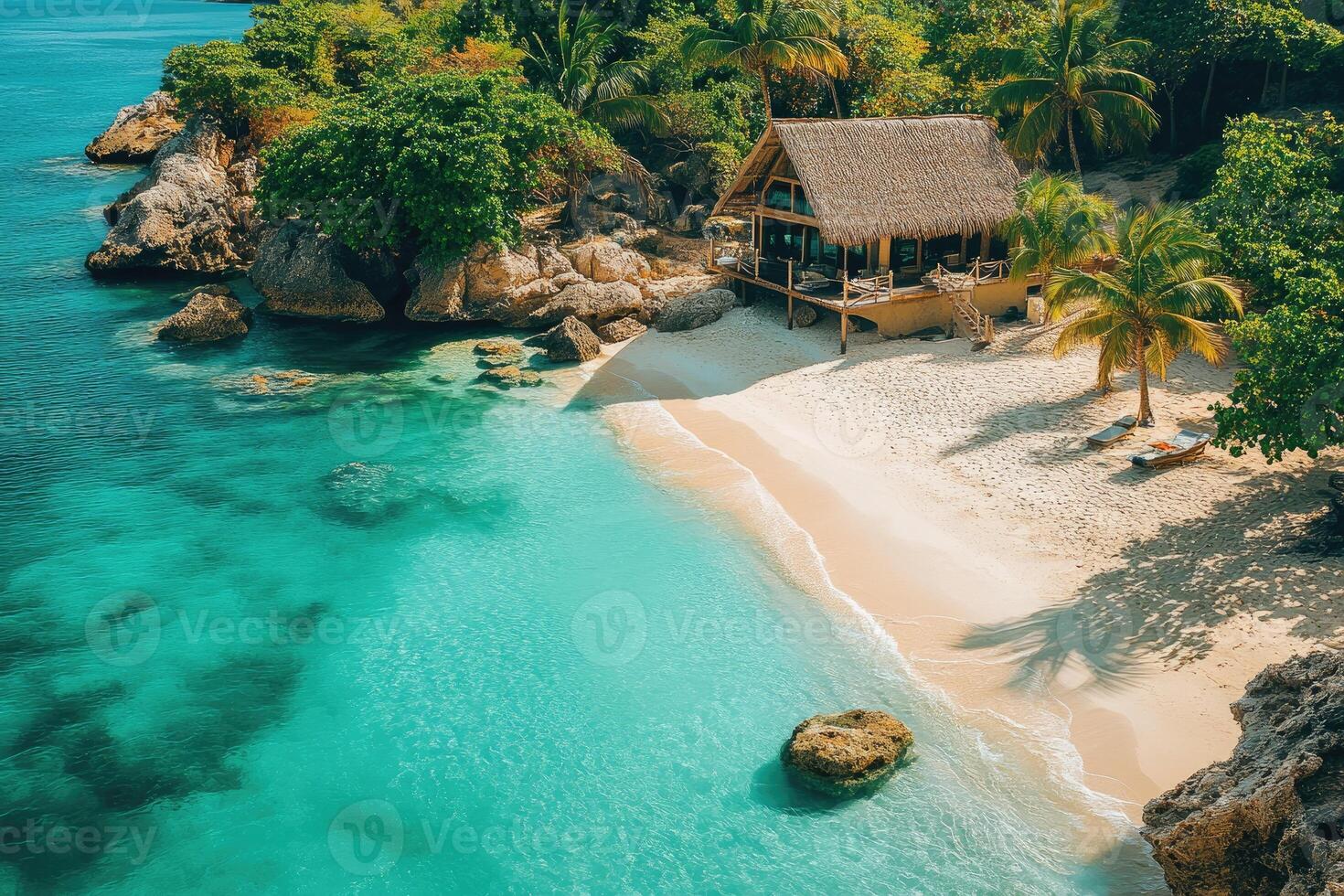 Tropical beach with turquoise water and luxurious hotel near lush vegetation in a sunny day. photo