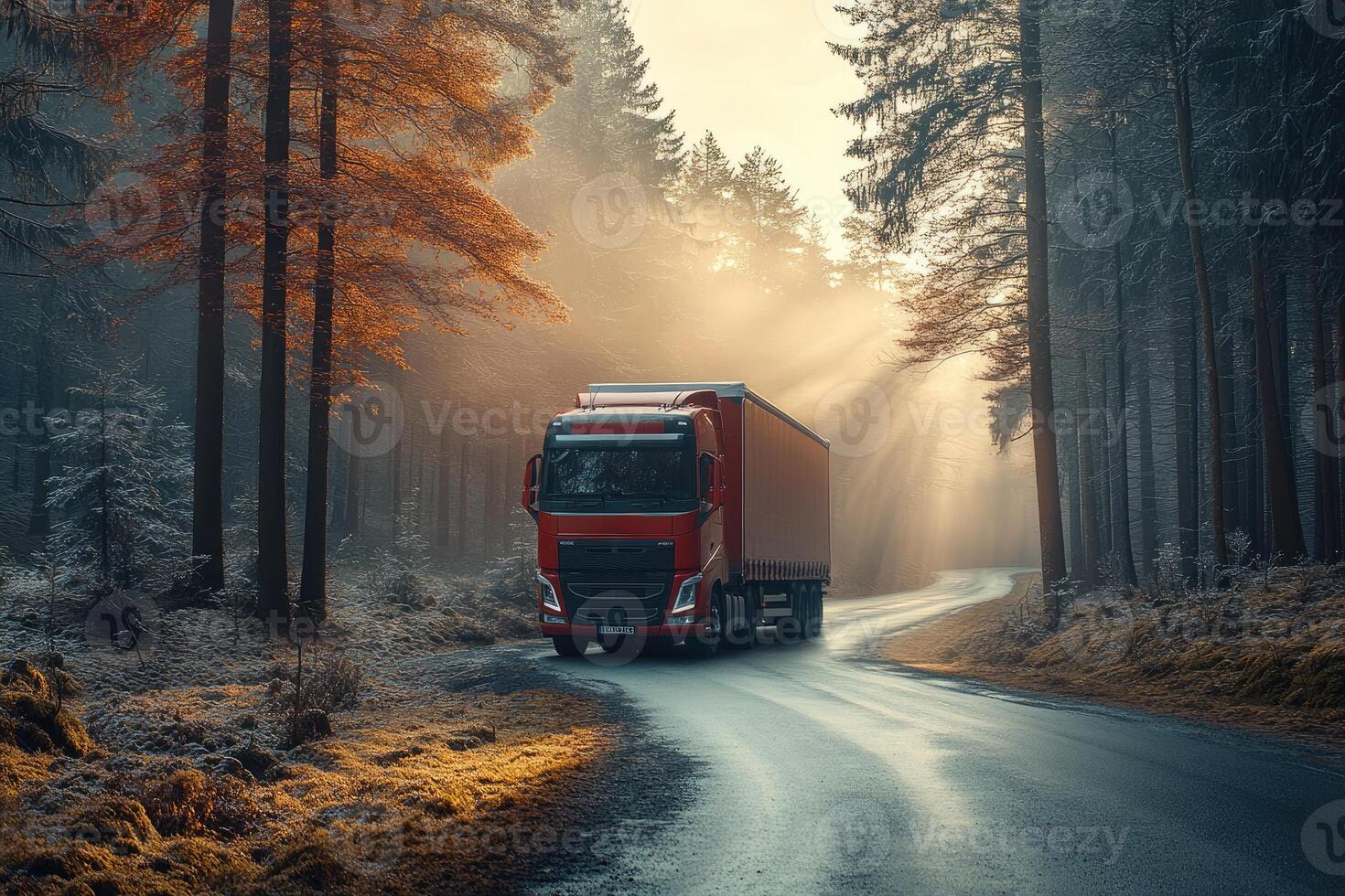 Red truck driving through misty forest road... photo