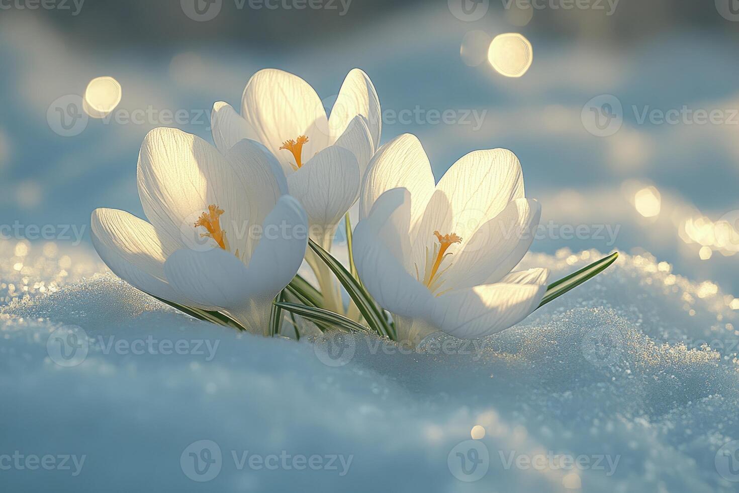 White crocuses blooming in the snow under falling snowflakes photo