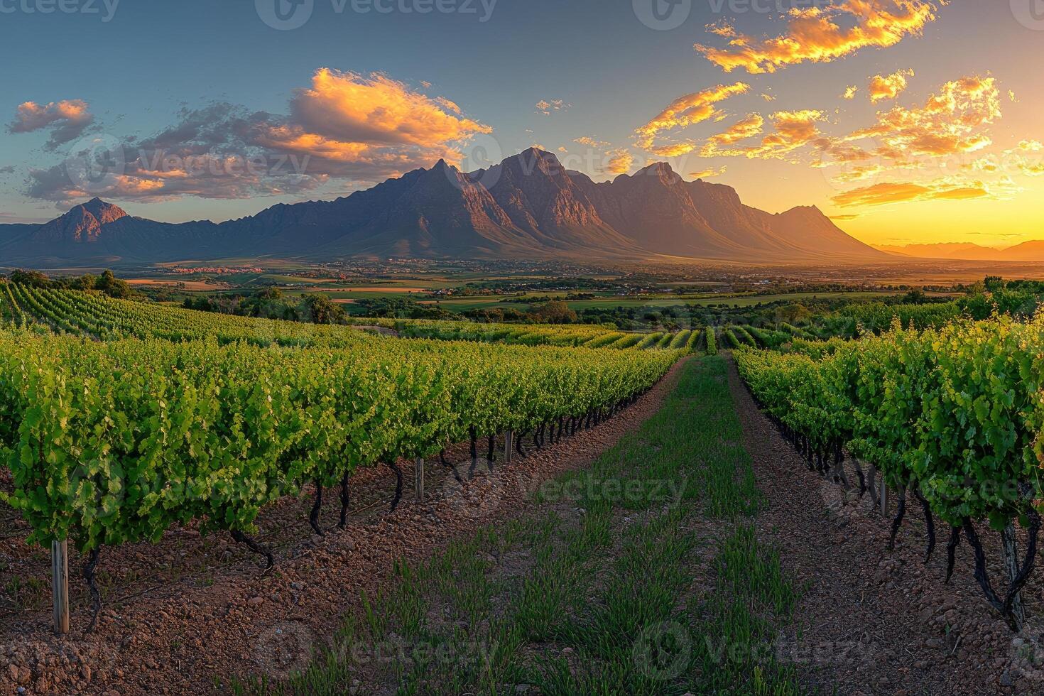 Stunning sunset illuminating lush vineyards and majestic mountains in south africa photo