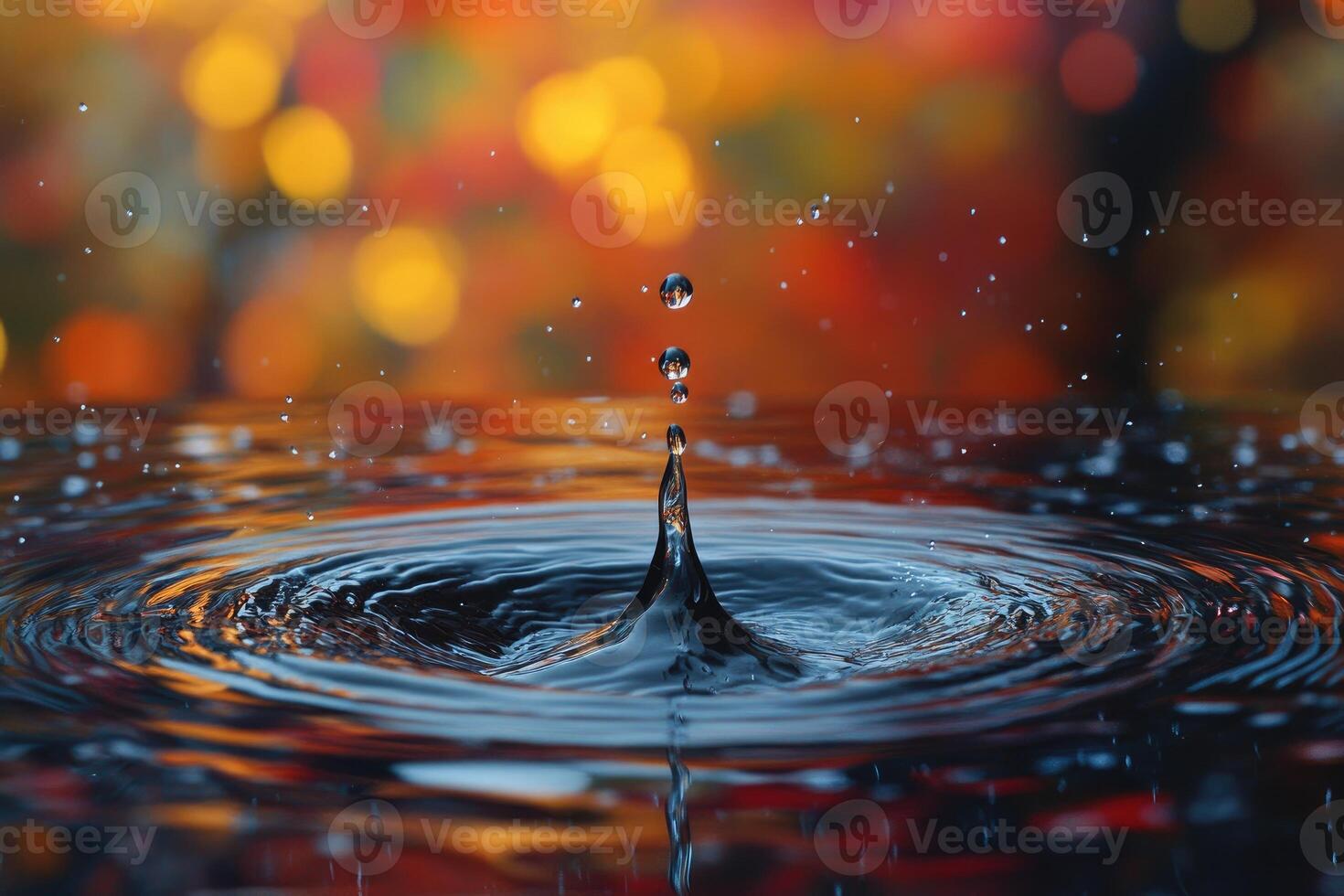 Water droplet splashing creating ripples with colorful background photo