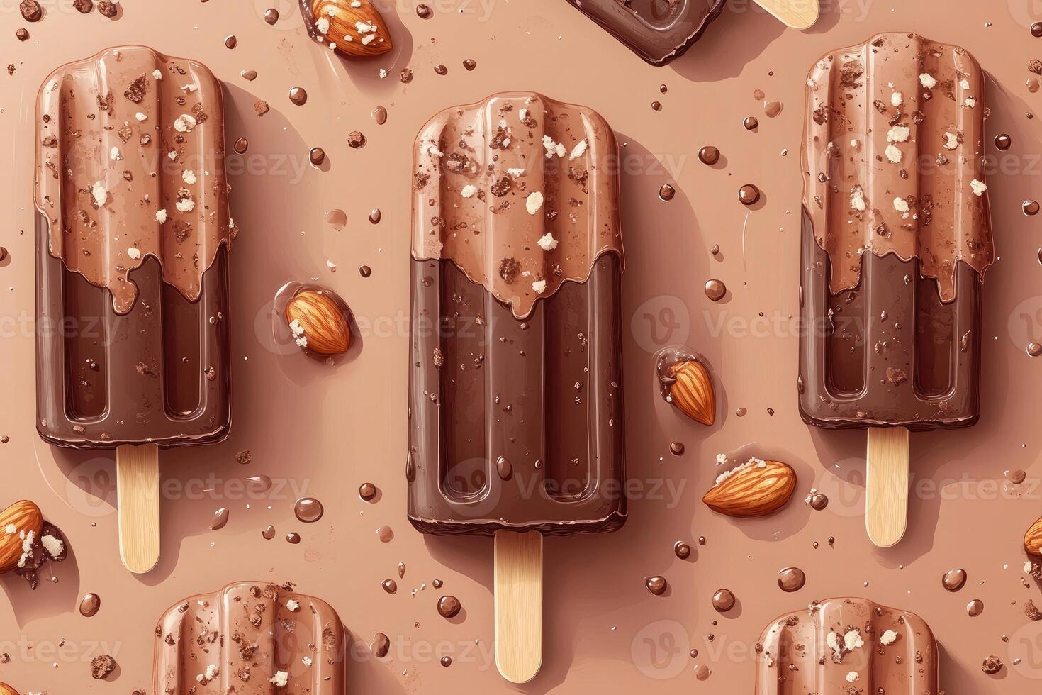 Chocolate covered ice cream bars dripping with sweetness and topped with almonds photo