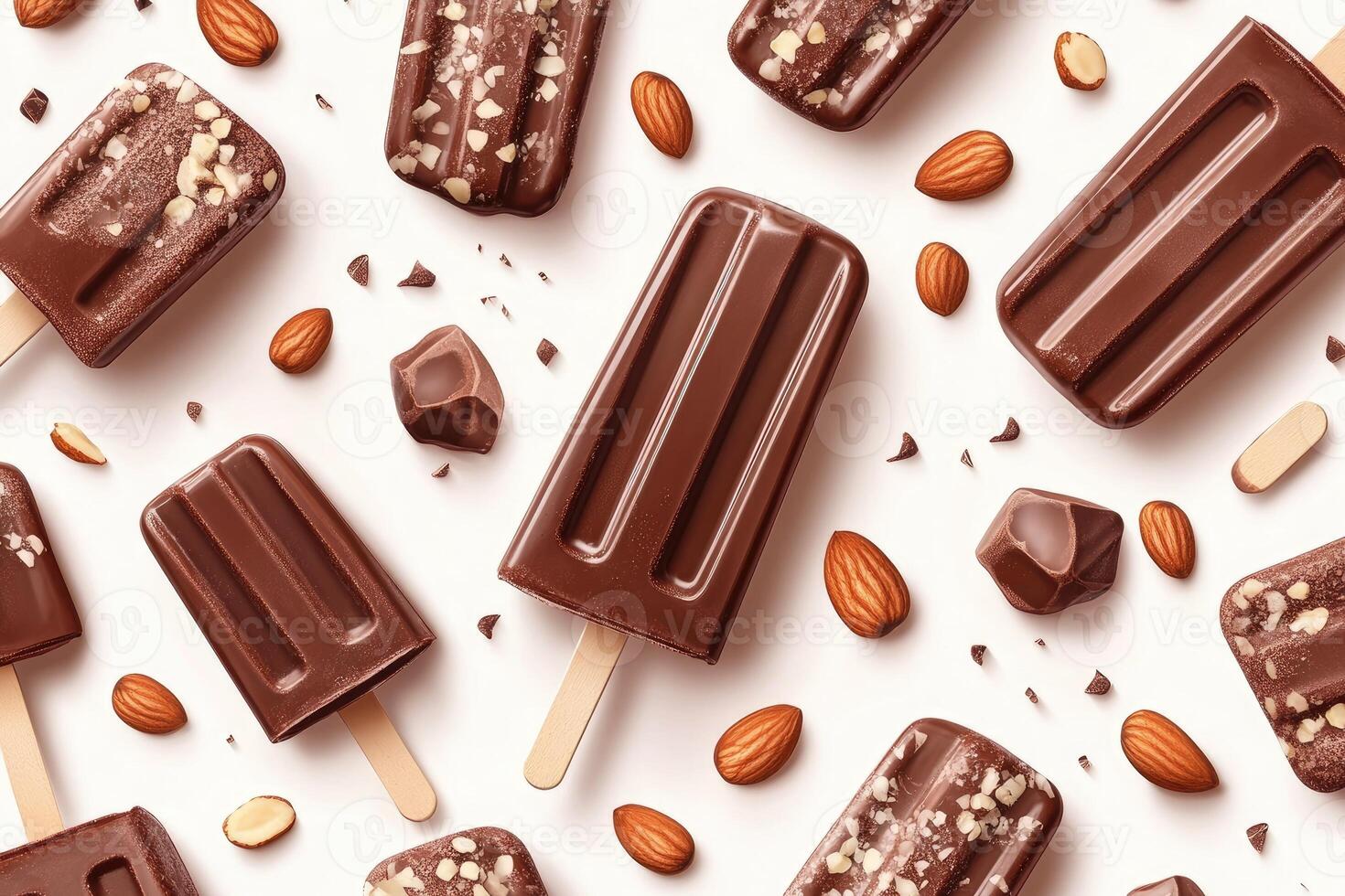 Chocolate ice cream popsicles with almonds and chocolate chunks on white background photo
