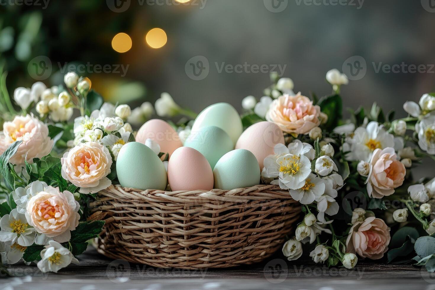 Easter eggs and flowers decorating a wicker basket on a wooden table.. photo