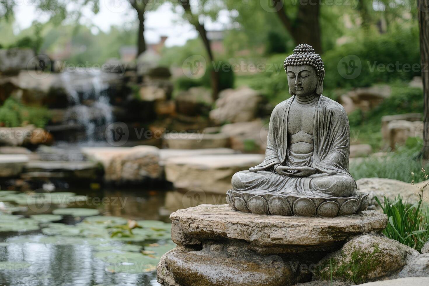 Buddha statue meditating peacefully in tranquil garden setting with waterfall photo