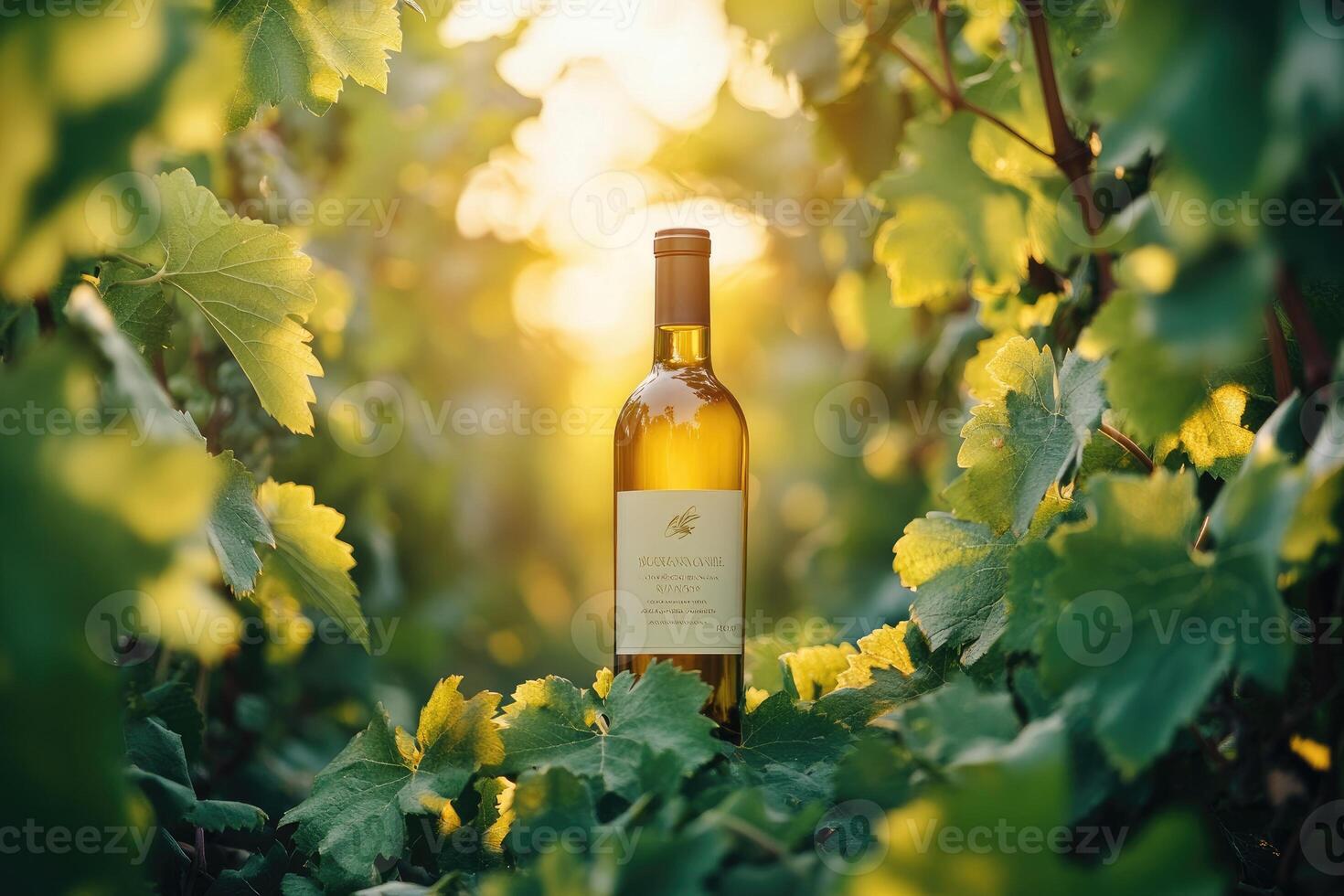 Bottle of white wine resting among illuminated grape leaves at sunset photo