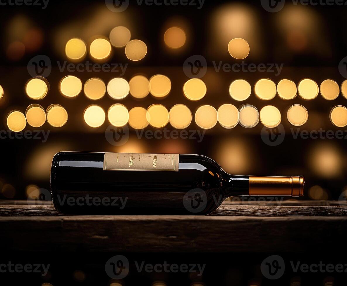 Wine bottle resting on wooden table in cellar with bokeh effect photo