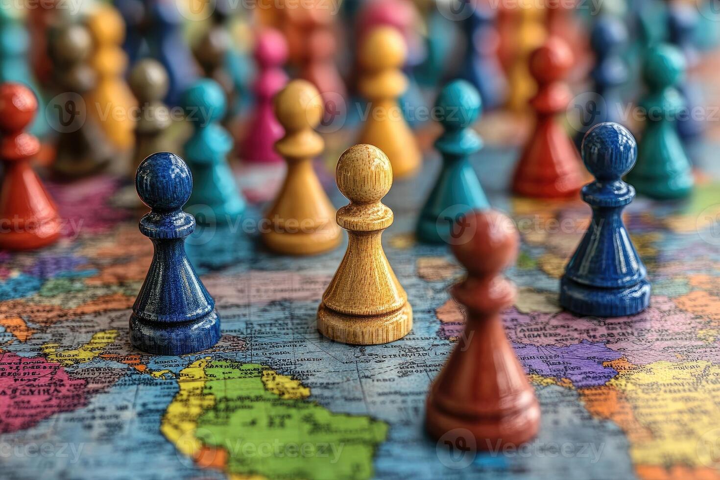 Colorful pawns standing on world map representing global issues photo