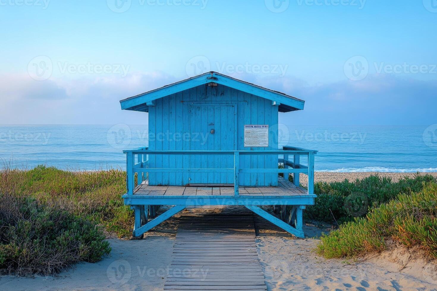 Turquoise wooden lifeguard tower overlooking sandy beach on sunny day. photo