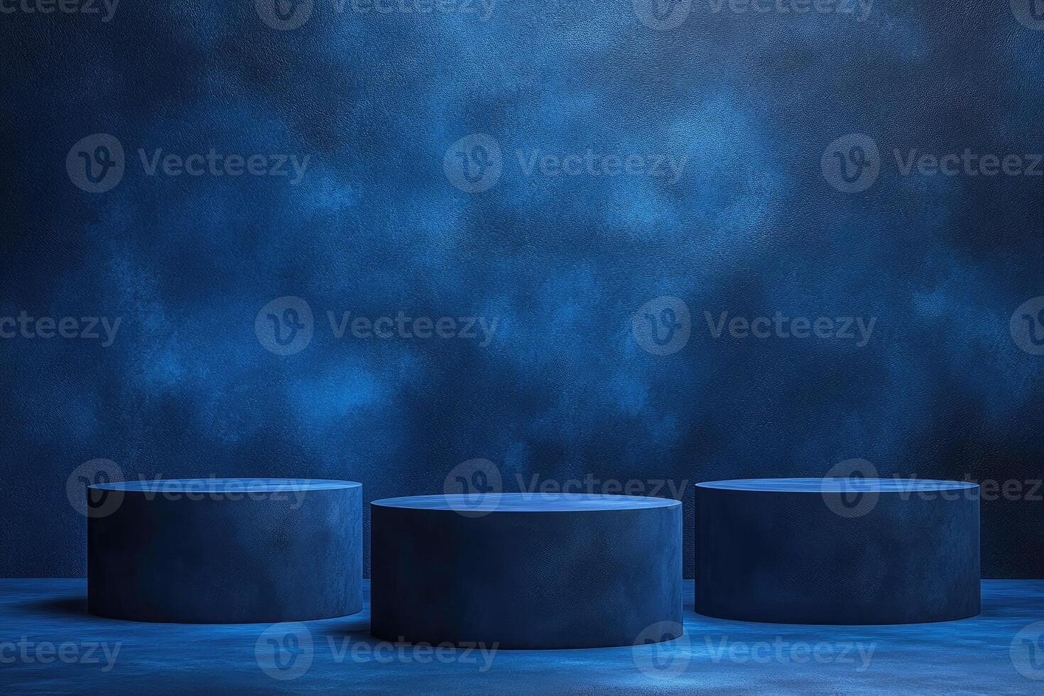 Three empty blue podiums emerging from smoke on blue background. photo