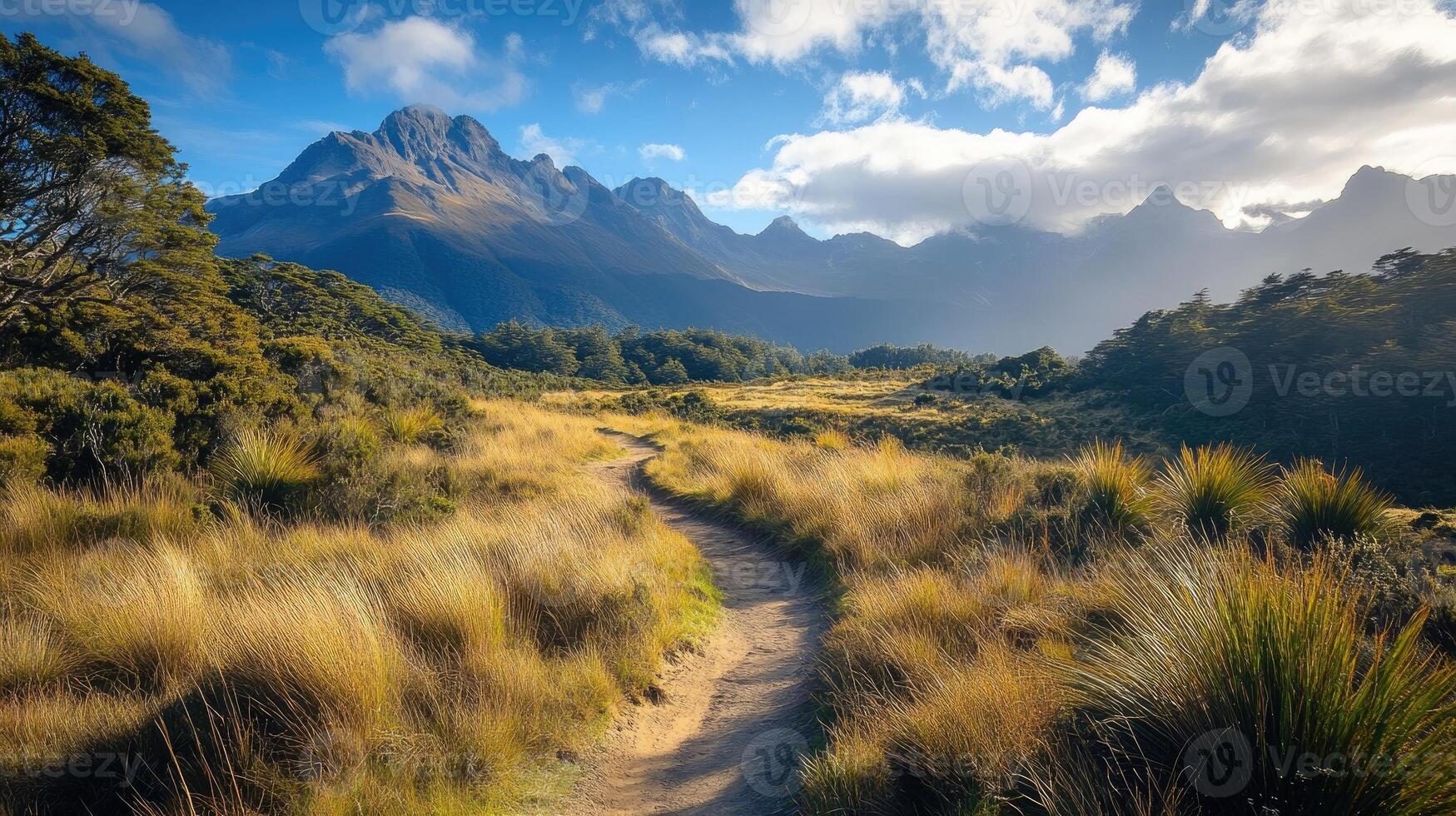 Hiking path winding through golden meadow in fiordland national park, new zealand photo