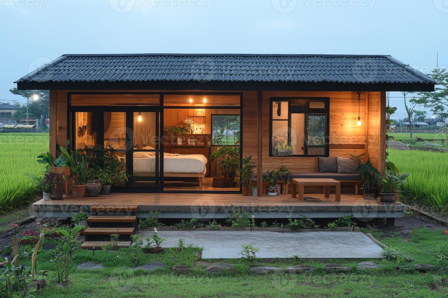 Modern wooden cabin overlooking green rice fields at dusk photo