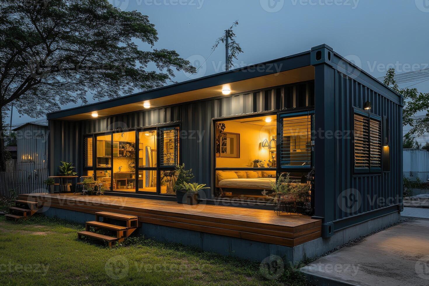 Modern container home with large windows illuminating the interior at dusk photo