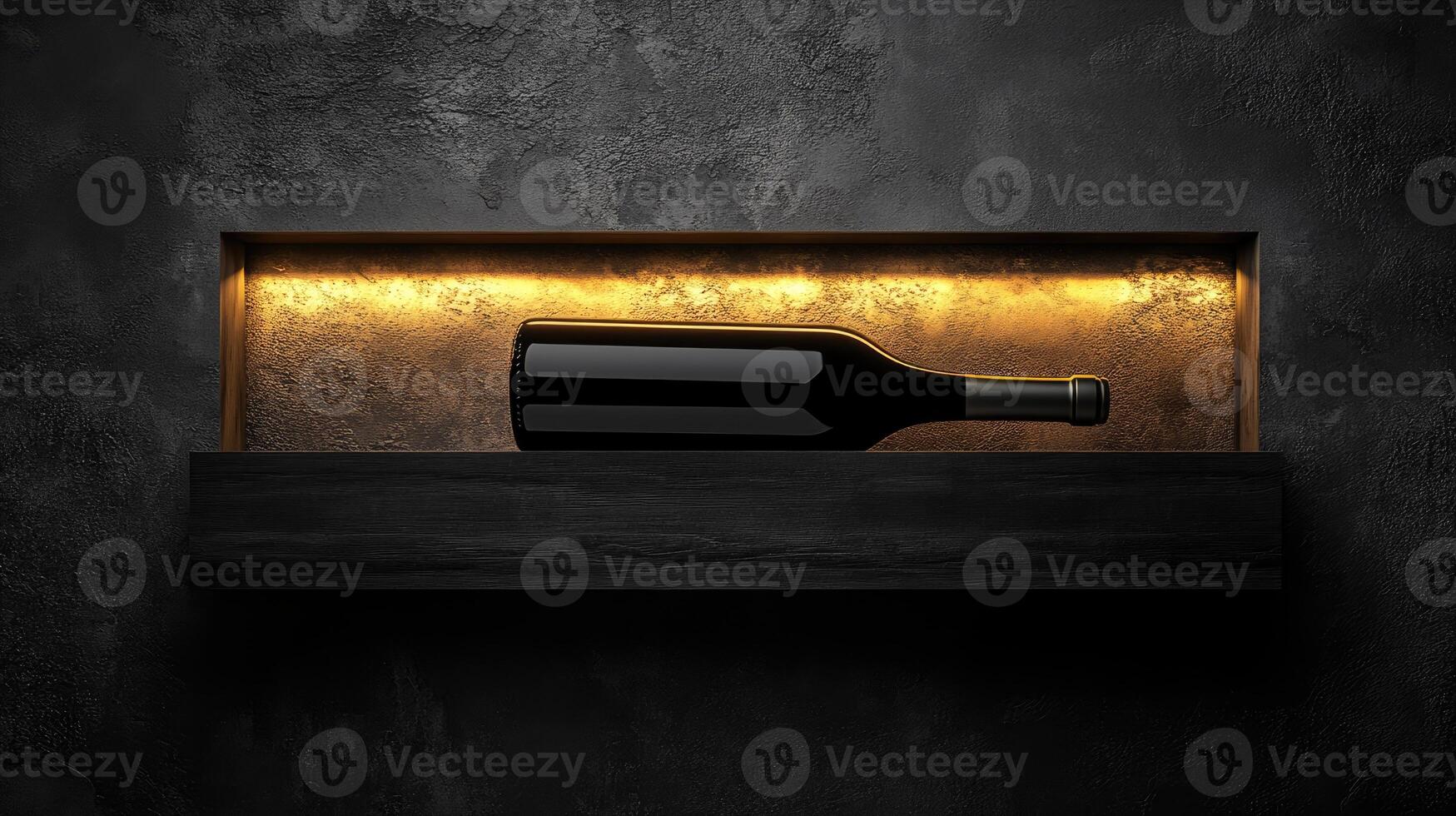 Wine bottle resting on illuminated shelf in concrete wall alcove photo