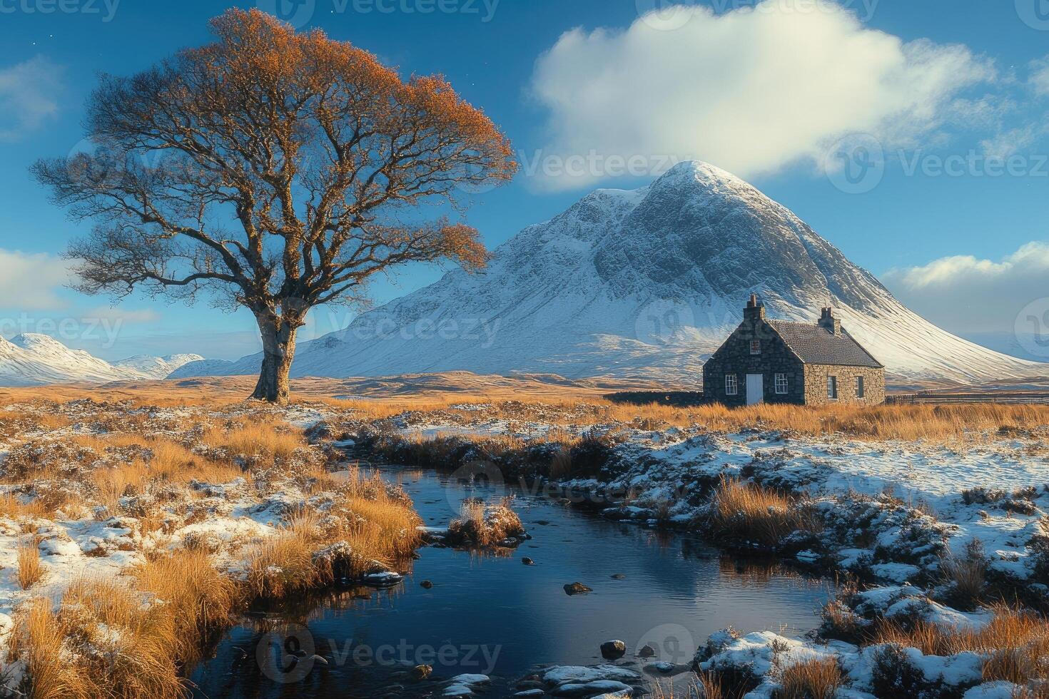 Buachaille etive mor mountain reflecting in the river coupall at sunrise in glencoe, scotland photo