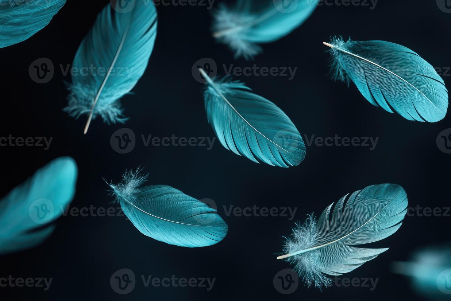 Turquoise feathers floating on a black background with glitter. photo