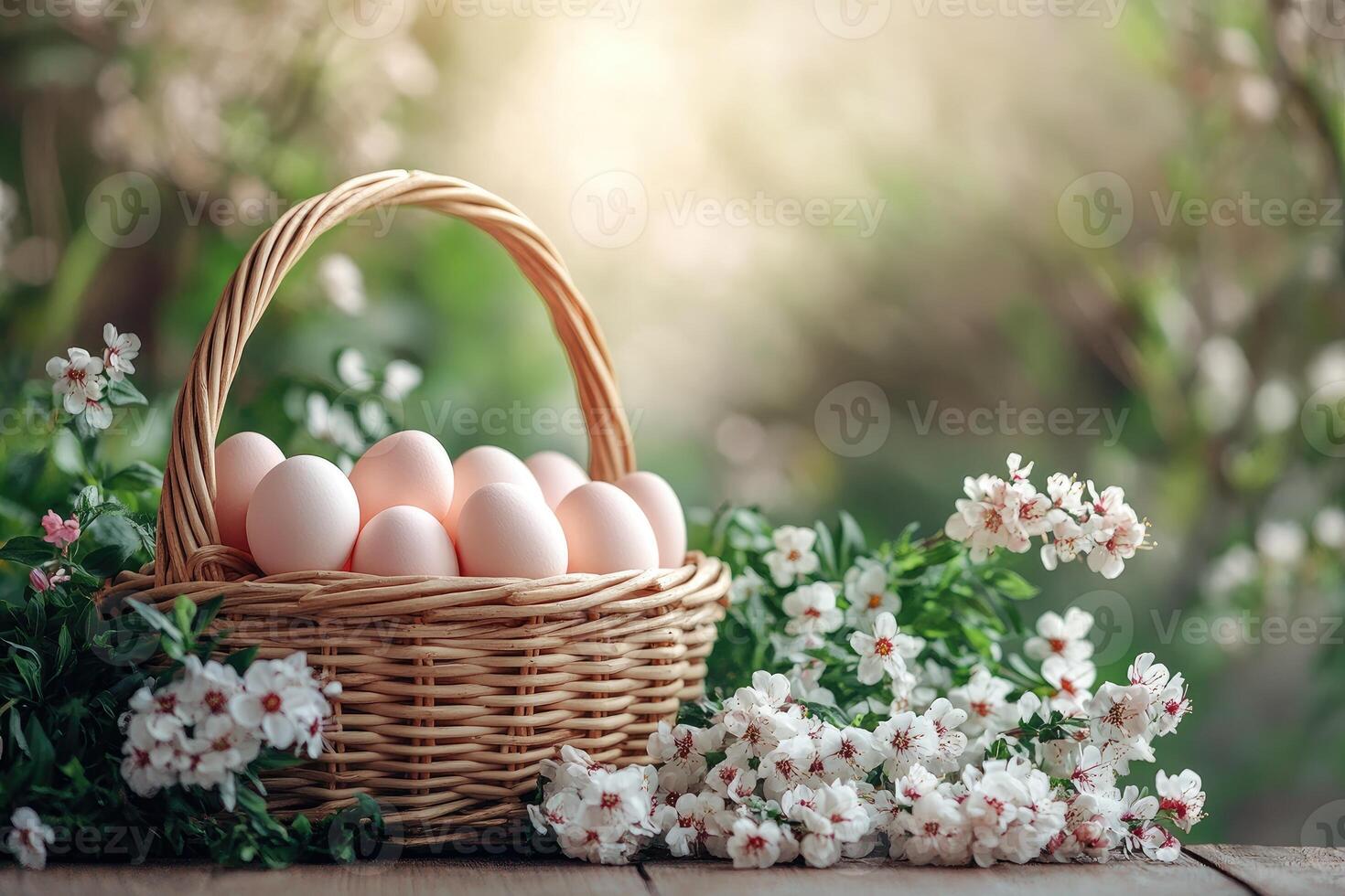 Easter eggs and pink daisies adorning a wicker basket in a beautiful garden setting photo
