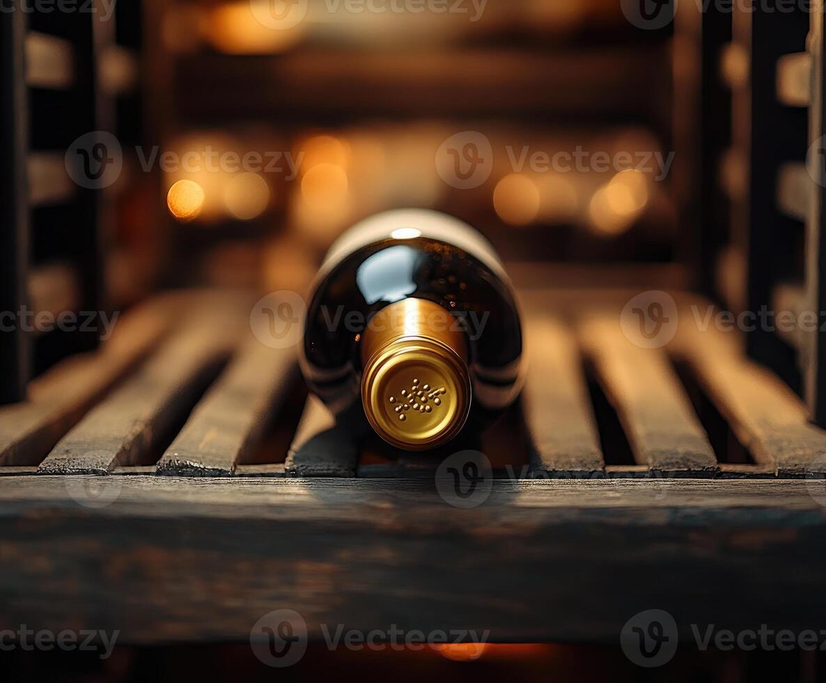 Wine bottle aging in wooden wine rack in cellar photo