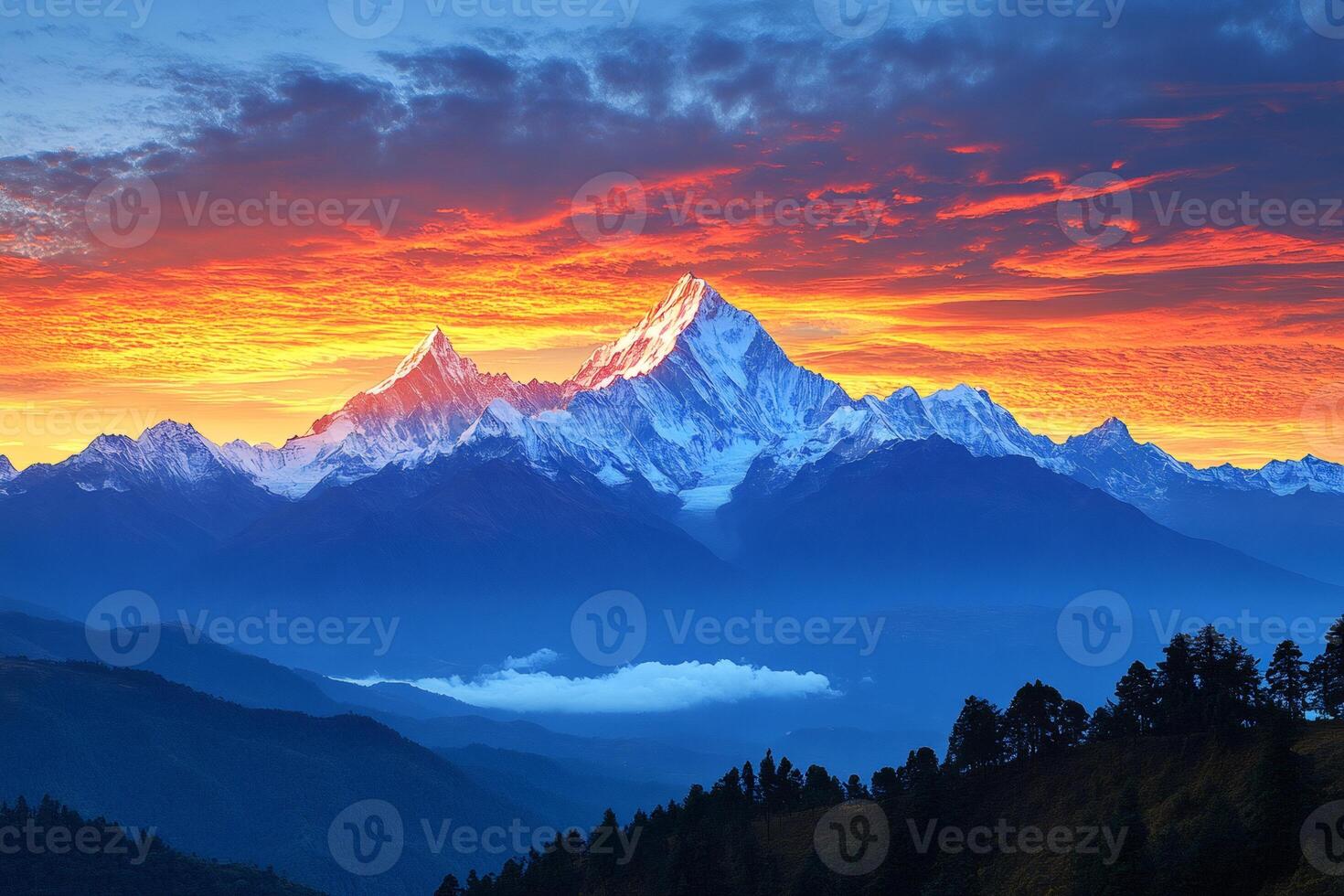 Stunning sunset illuminating snow-capped peaks of the Himalayas mountain range photo