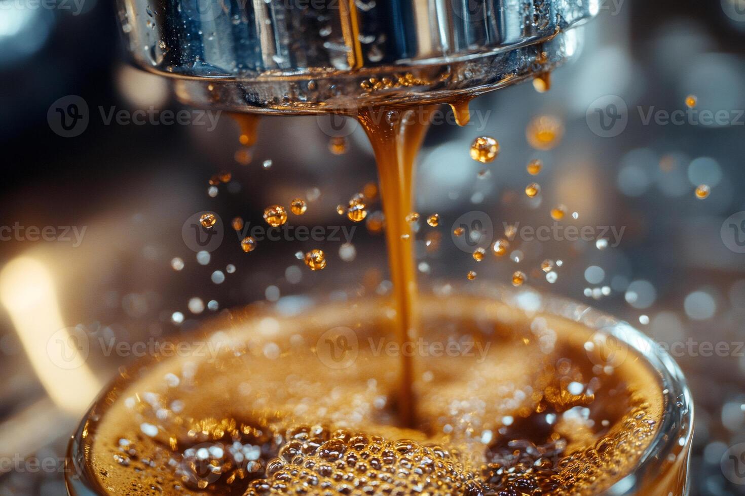 Professional espresso machine pouring coffee into glass cup, creating foam and bubbles photo