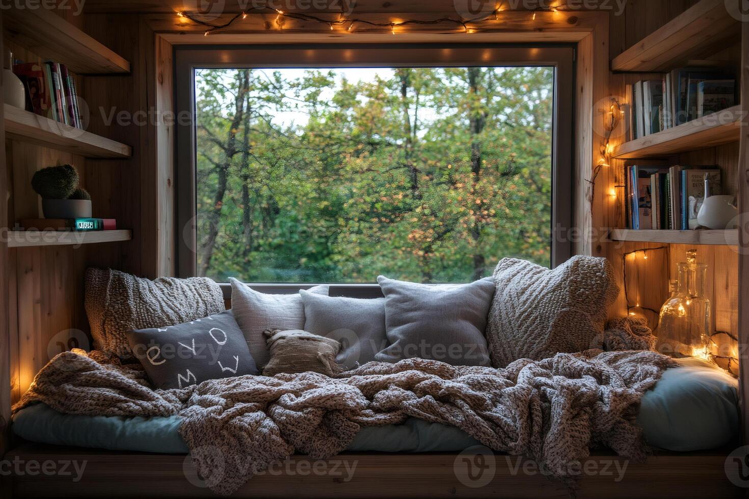Cozy reading nook overlooking lush green forest illuminated by warm string lights photo