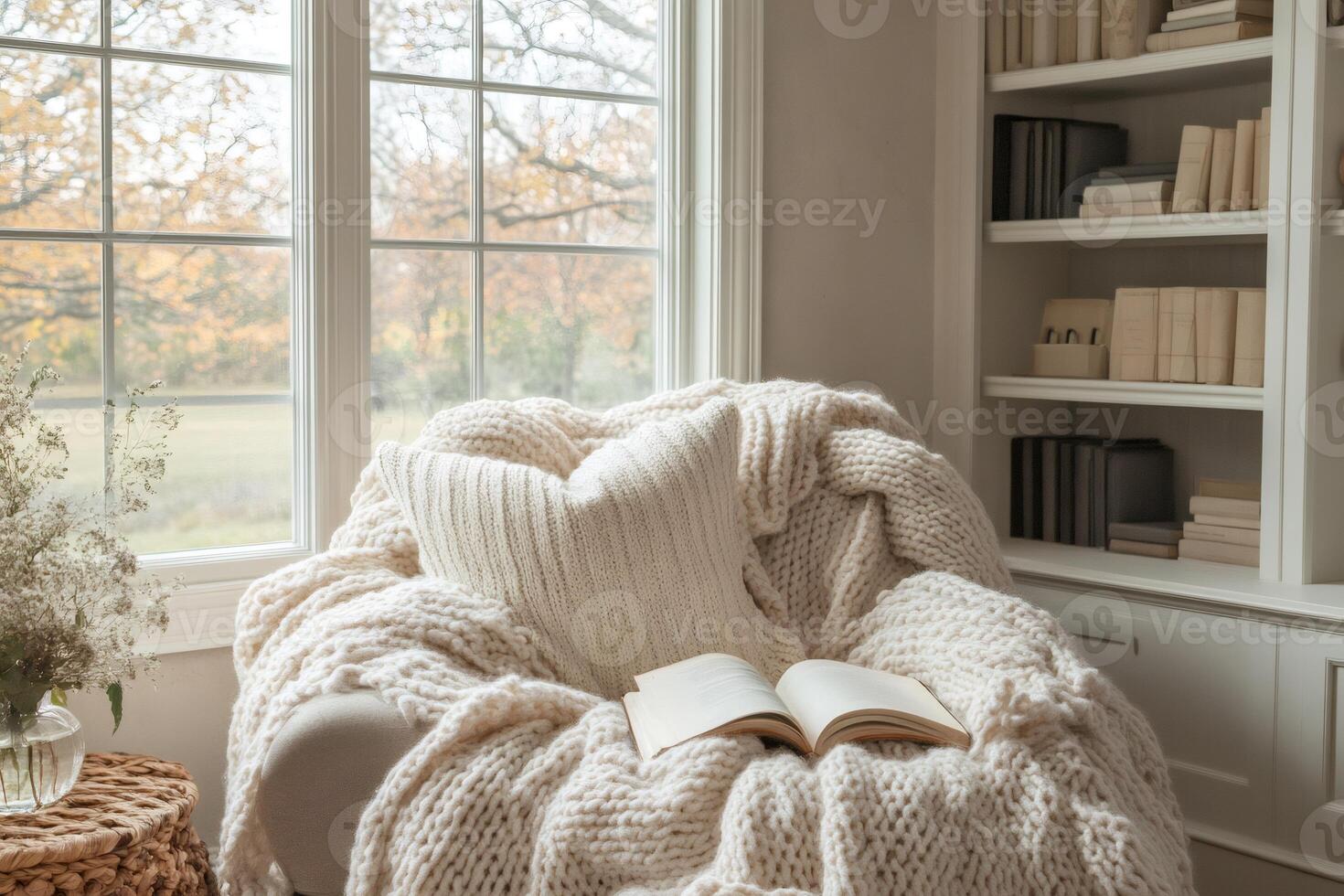 Cozy merino wool chunky knit blanket on beige armchair relaxing by window in living room next to bookshelf photo