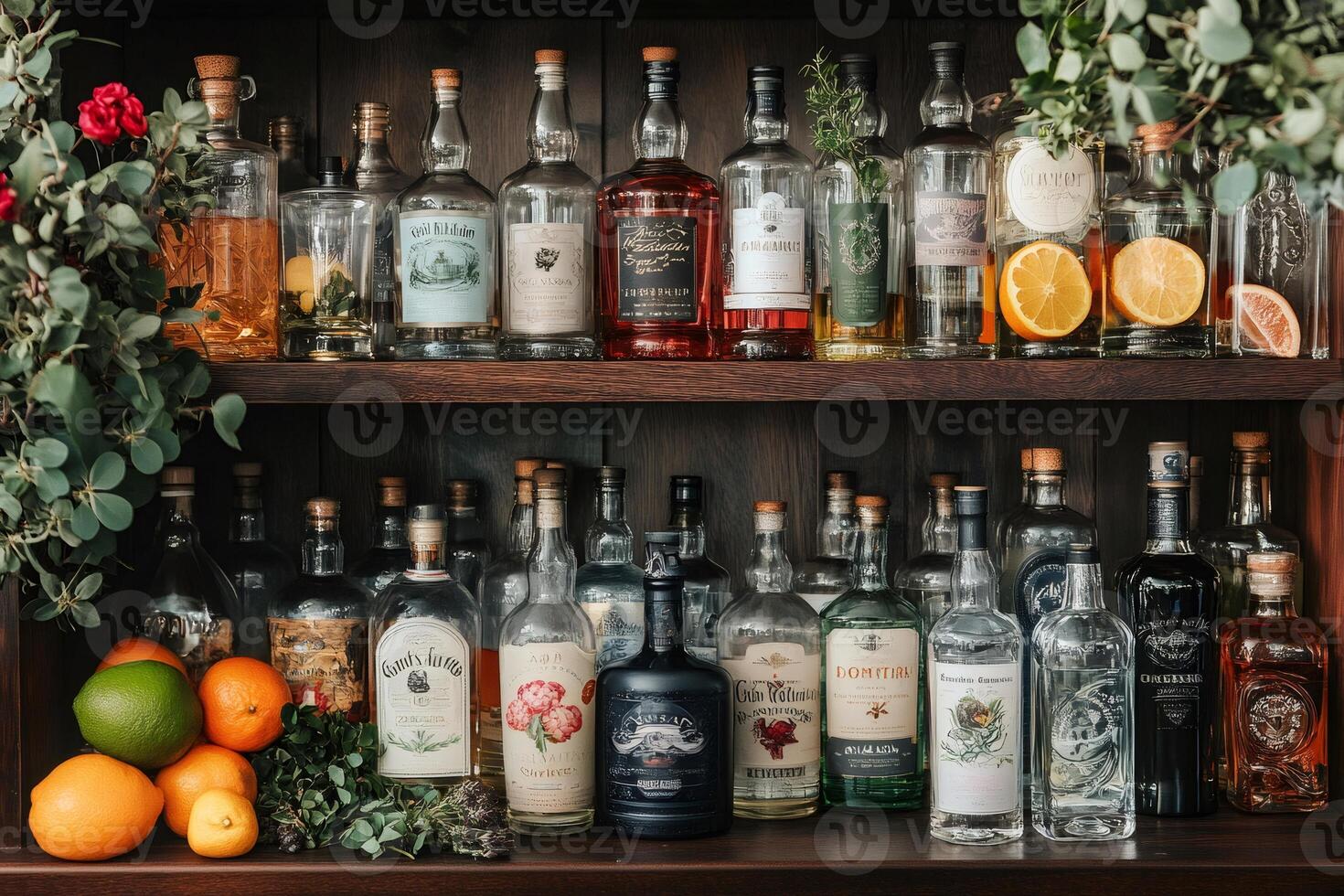 Various liquor bottles and citrus fruits resting on wooden shelves, creating an inviting home bar display photo