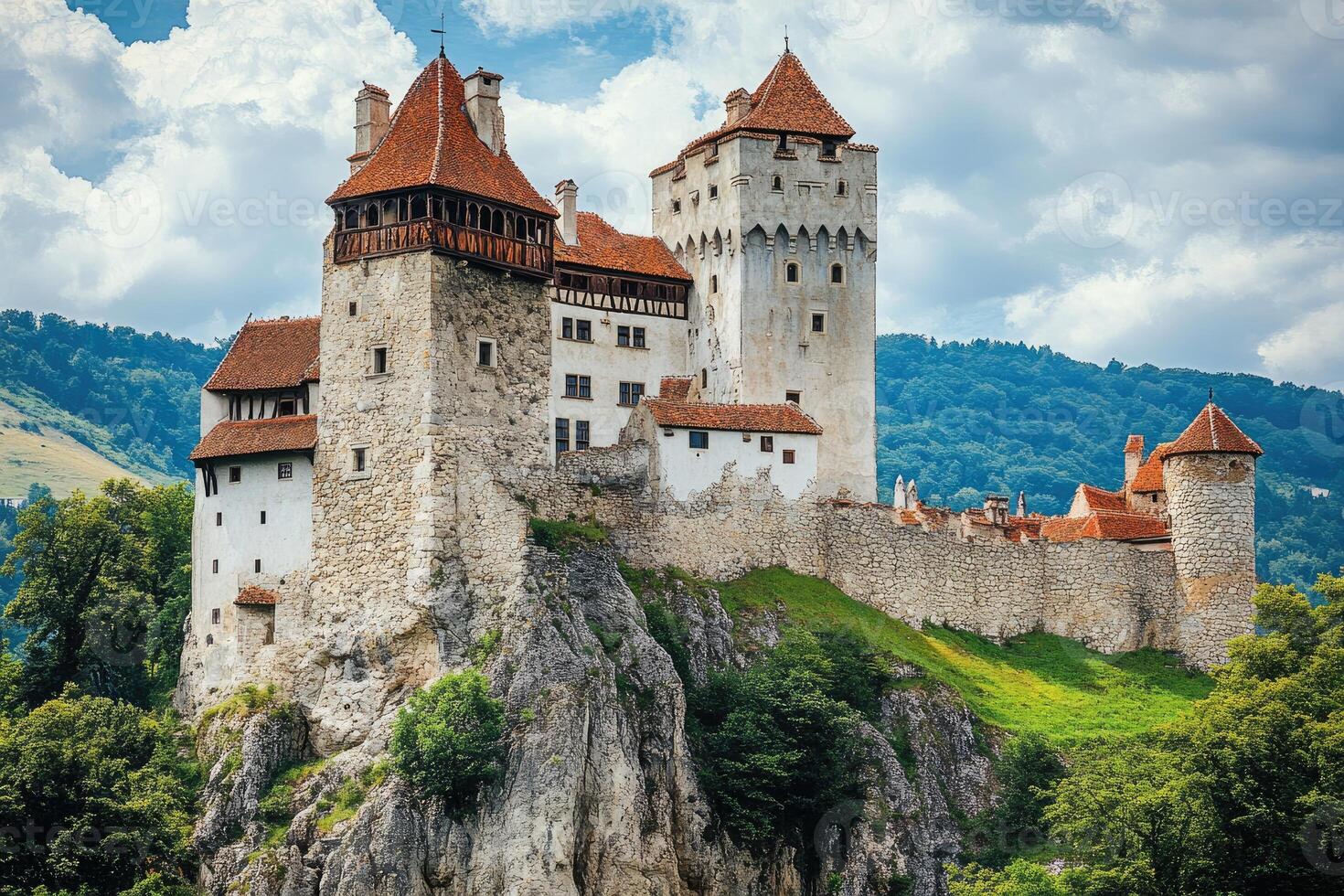Bran castle, romania, on a cloudy summer day, perched on a cliff, showing its fortified walls photo