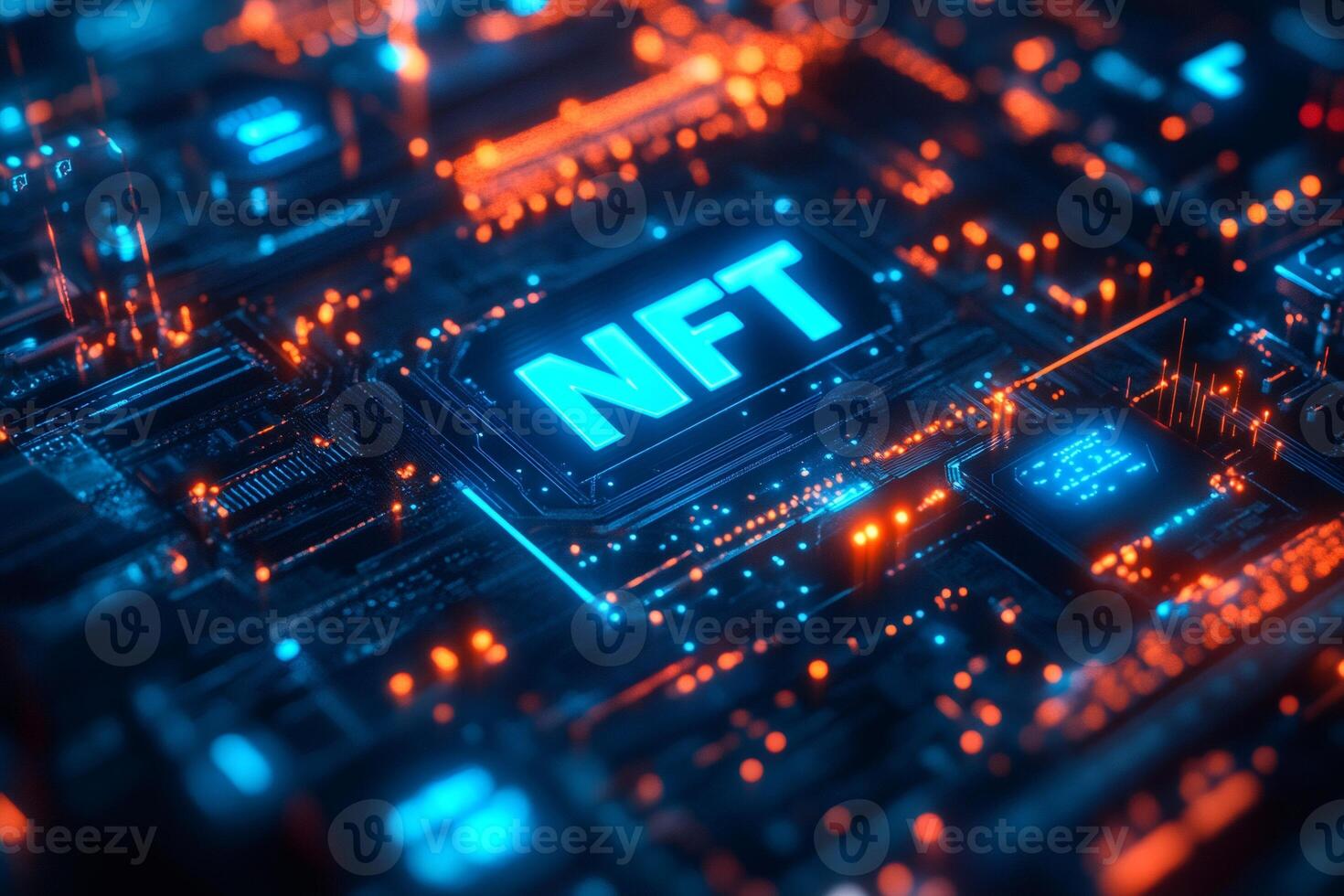 NFT glowing on motherboard is representing crypto art and metaverse photo