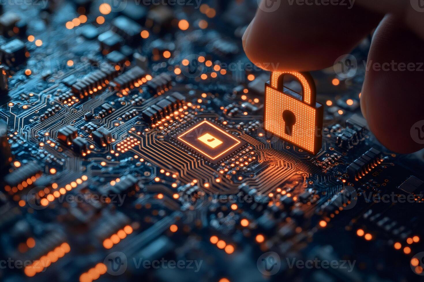 Technician securing computer circuit board with digital padlock, ensuring cybersecurity photo
