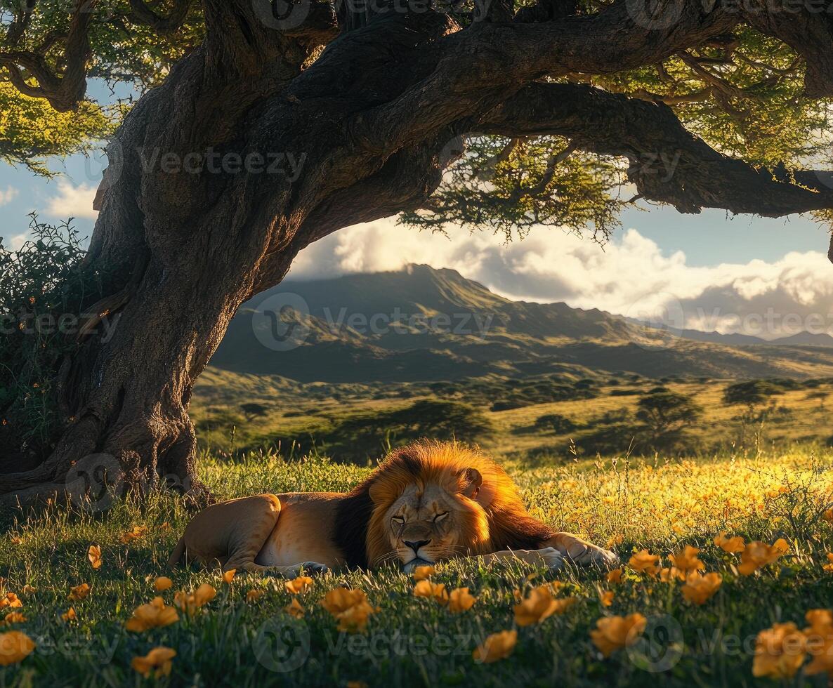 Majestic lion resting under a tree in a serene landscape photo
