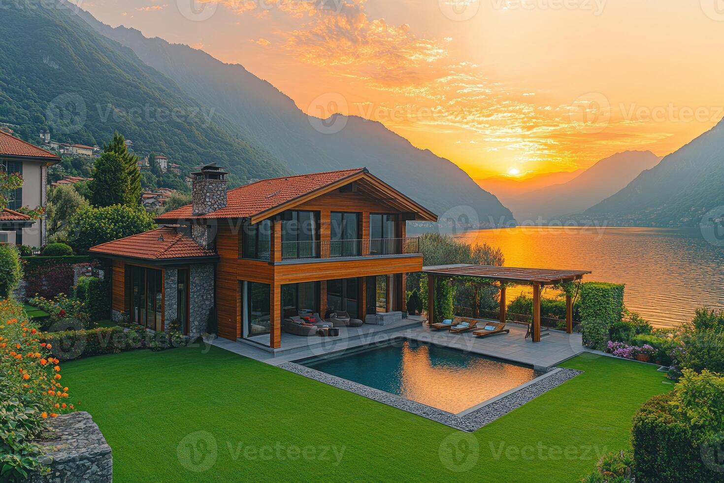 Luxurious wooden villa overlooking tranquil lake como at sunset with infinity pool. photo