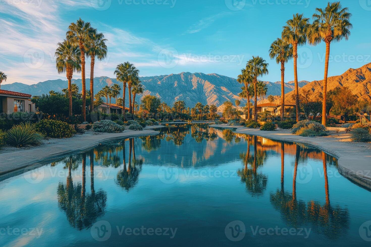 Serene desert oasis with majestic mountain view. photo