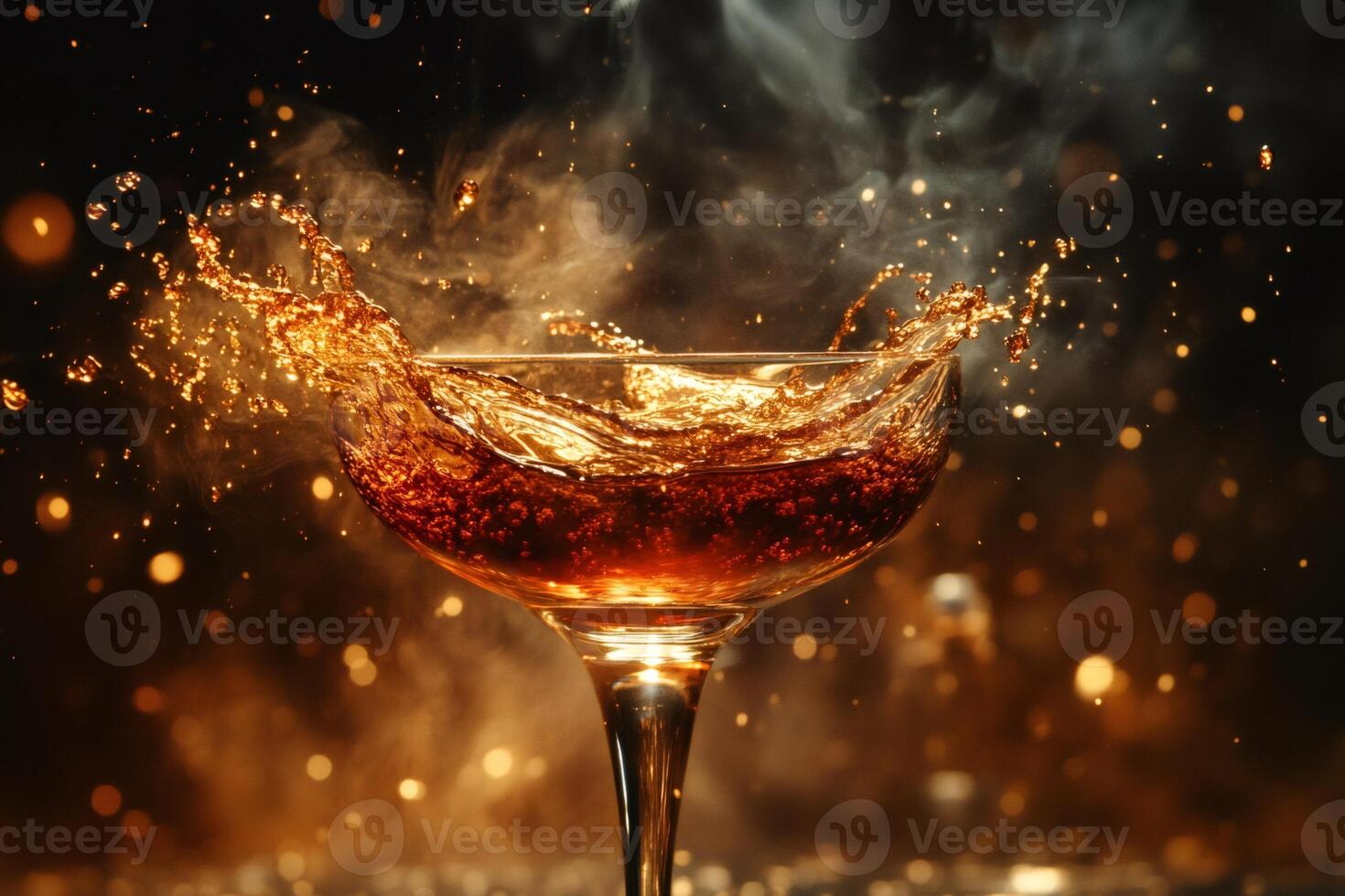 Cocktail splashing in a coupe glass with smoke and bokeh effect photo