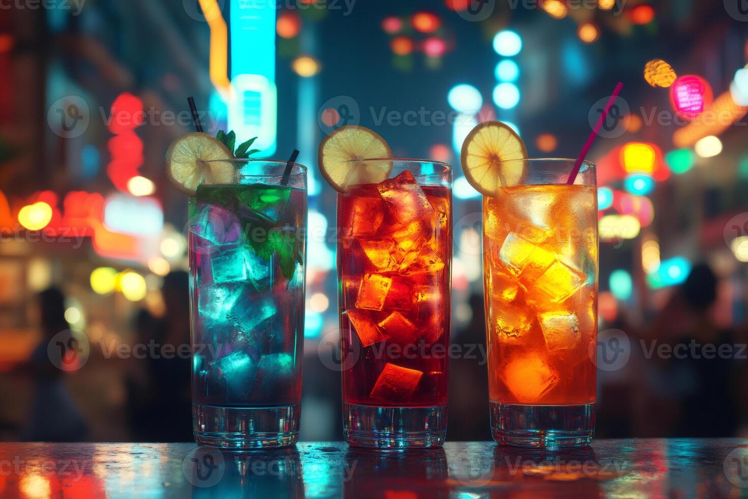 Colorful cocktails standing on bar counter in vibrant nightlife setting photo