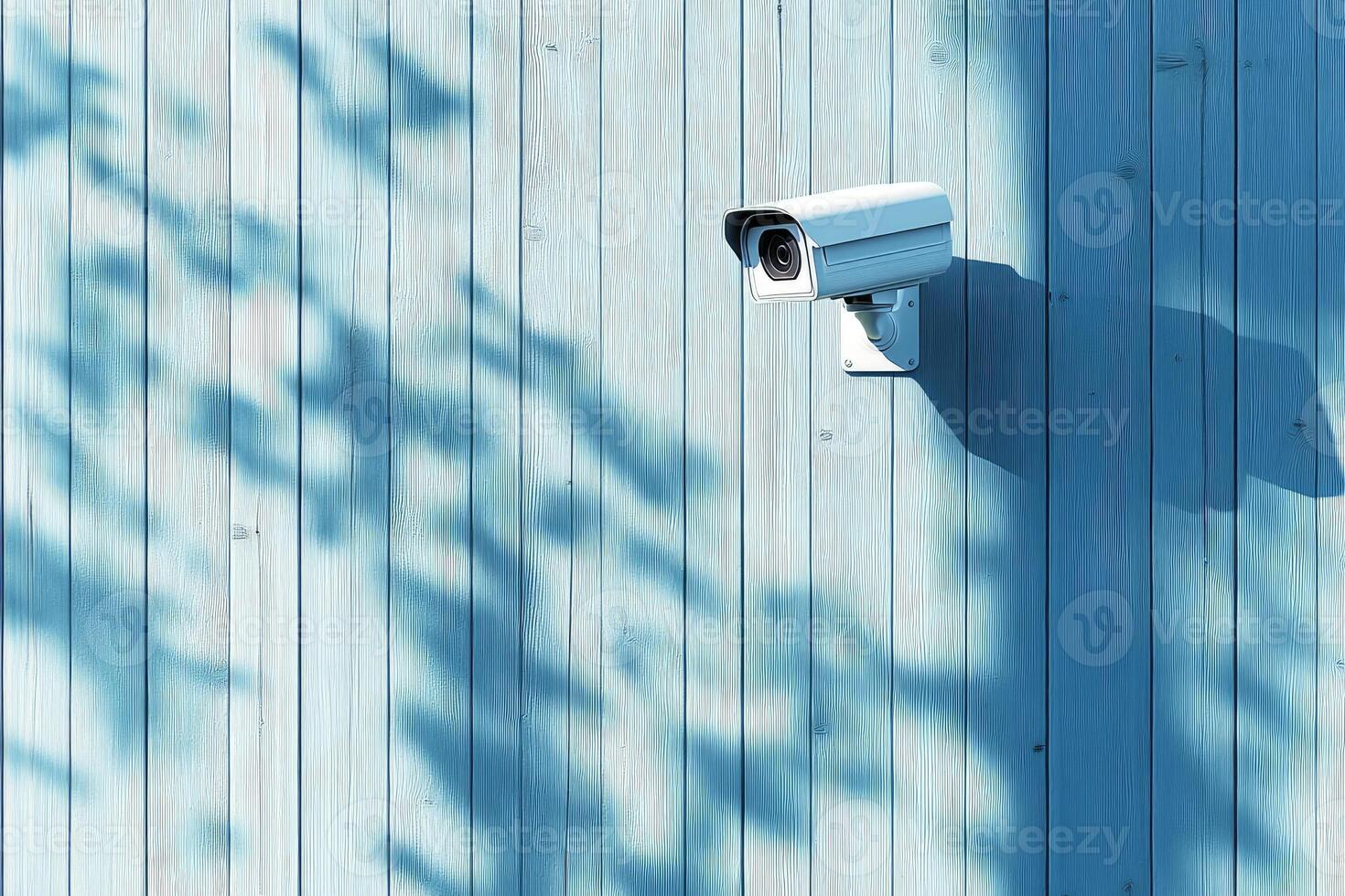 White security camera monitoring on light blue wooden wall photo