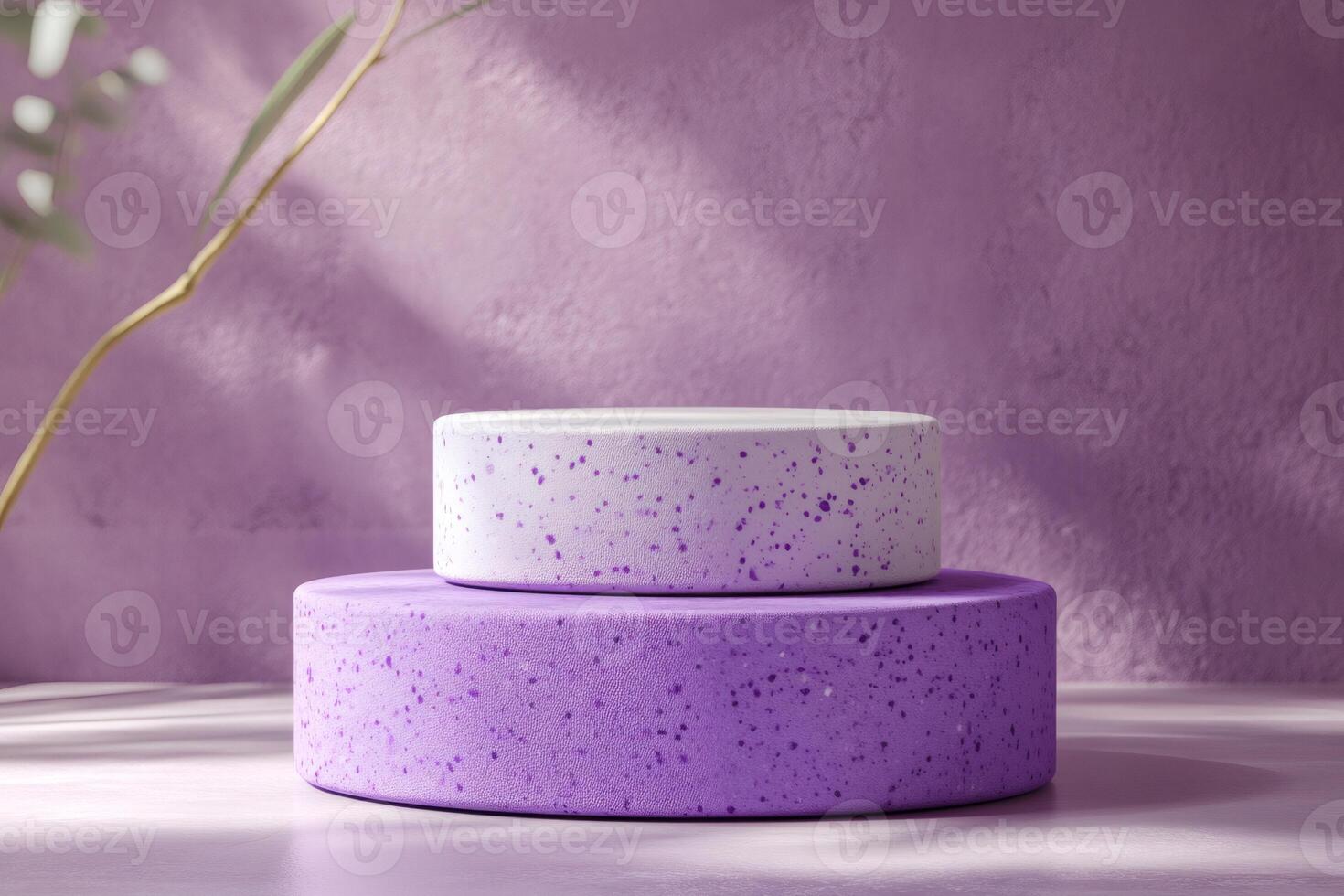 Minimalistic product display on purple background with shadows and branch photo