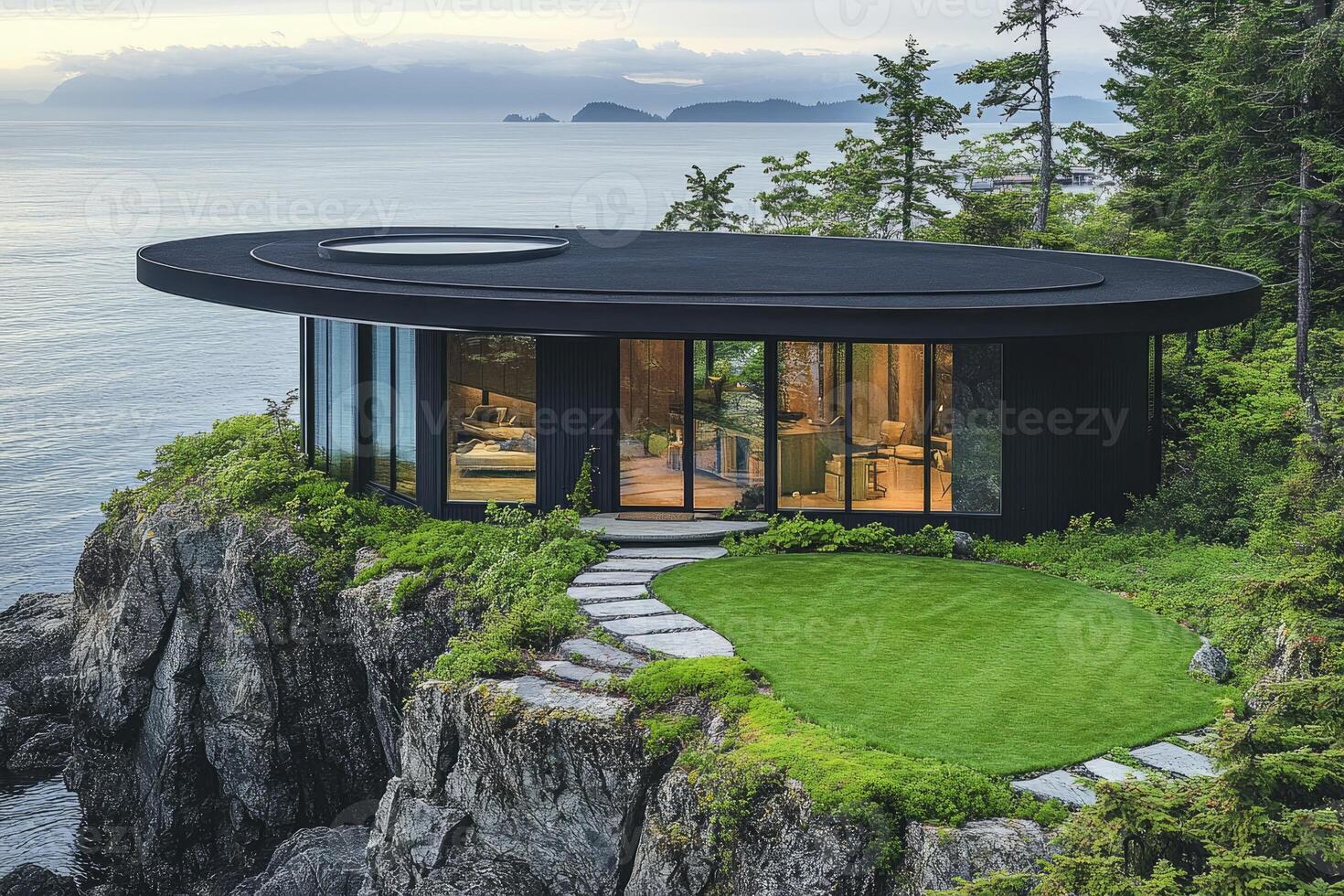 Modern cliffside house overlooking tranquil ocean waters with green roof. photo