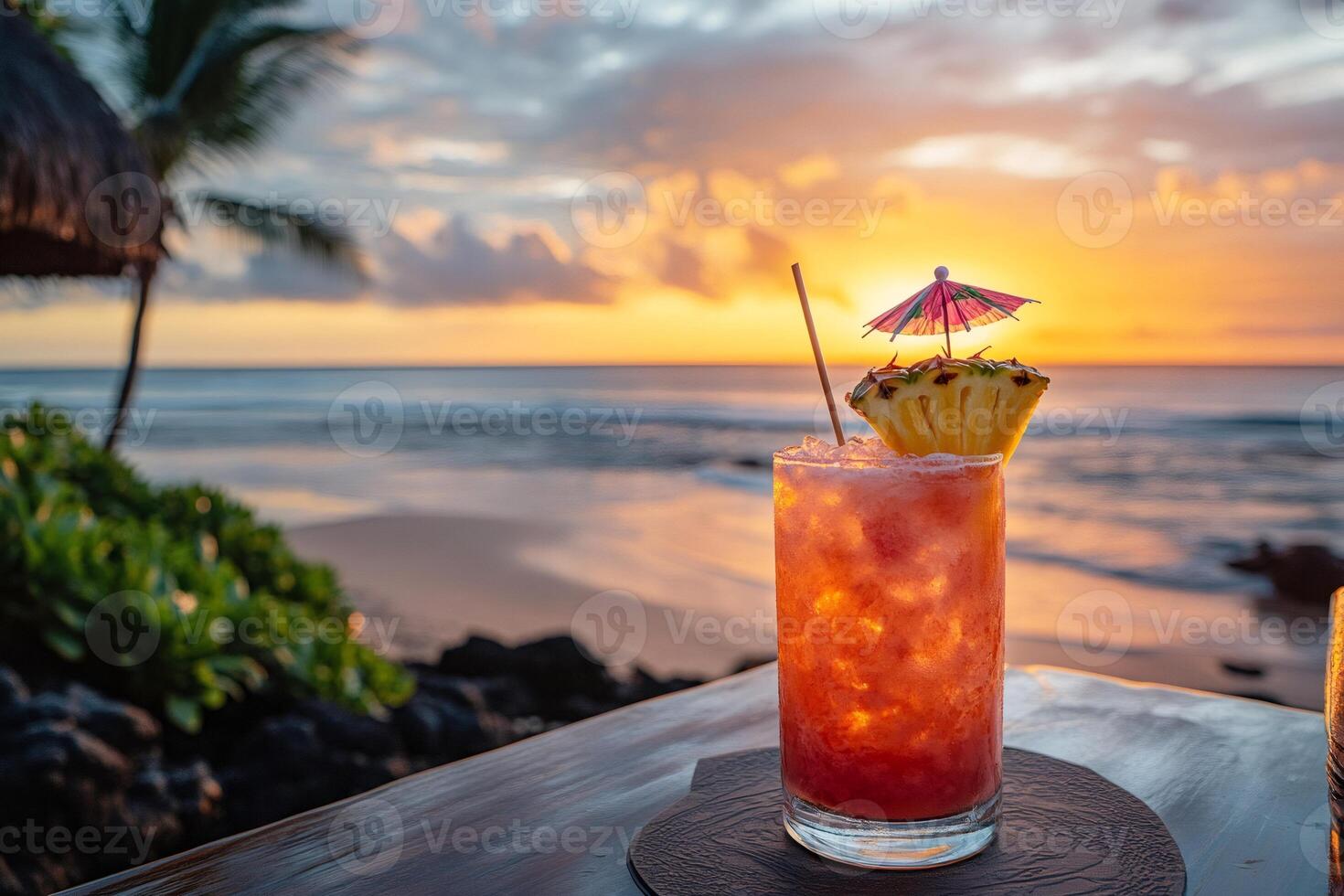 Refreshing cocktail is waiting on beachfront bar during amazing sunset photo
