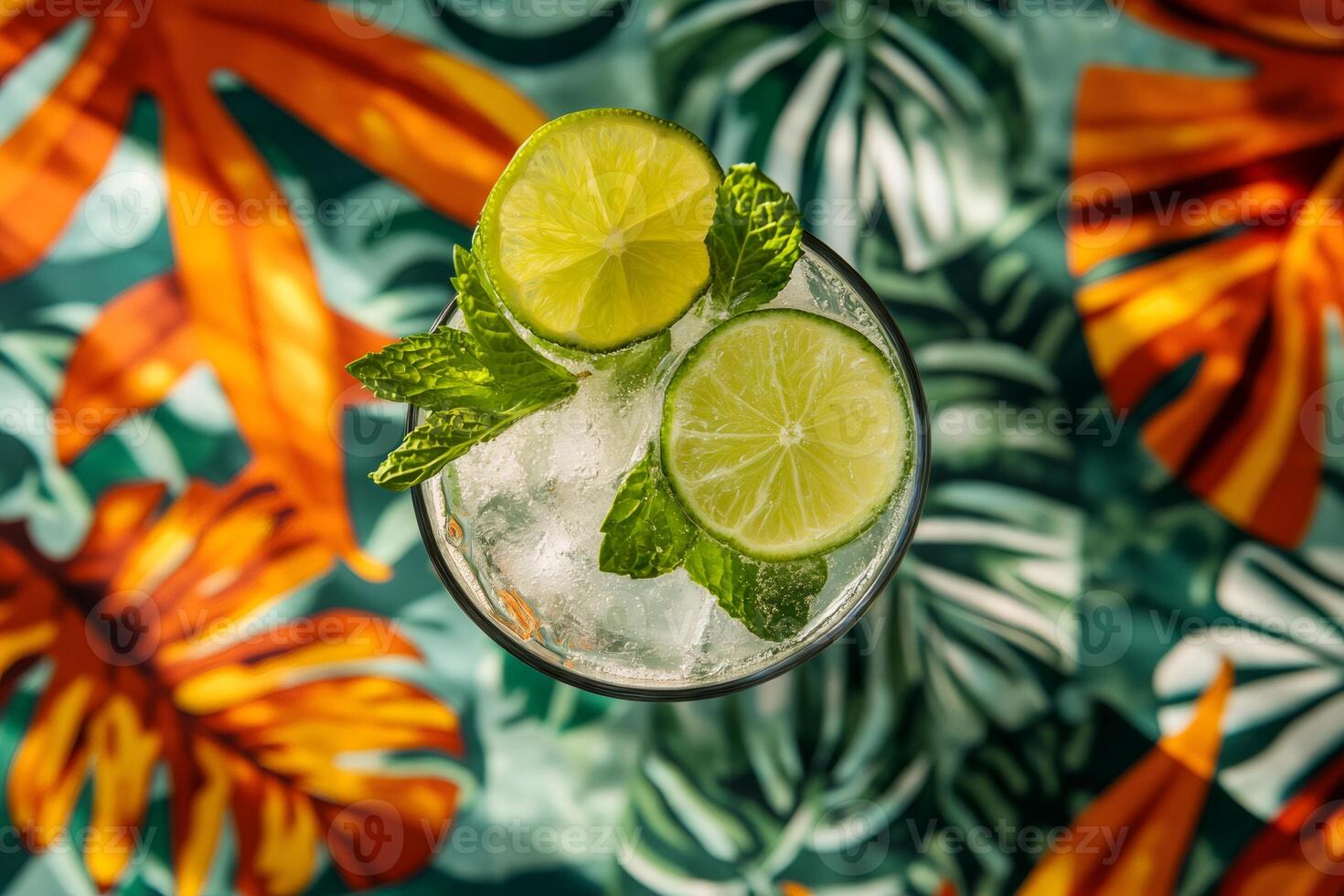 Refreshing mojito cocktail with mint and lime on tropical background photo