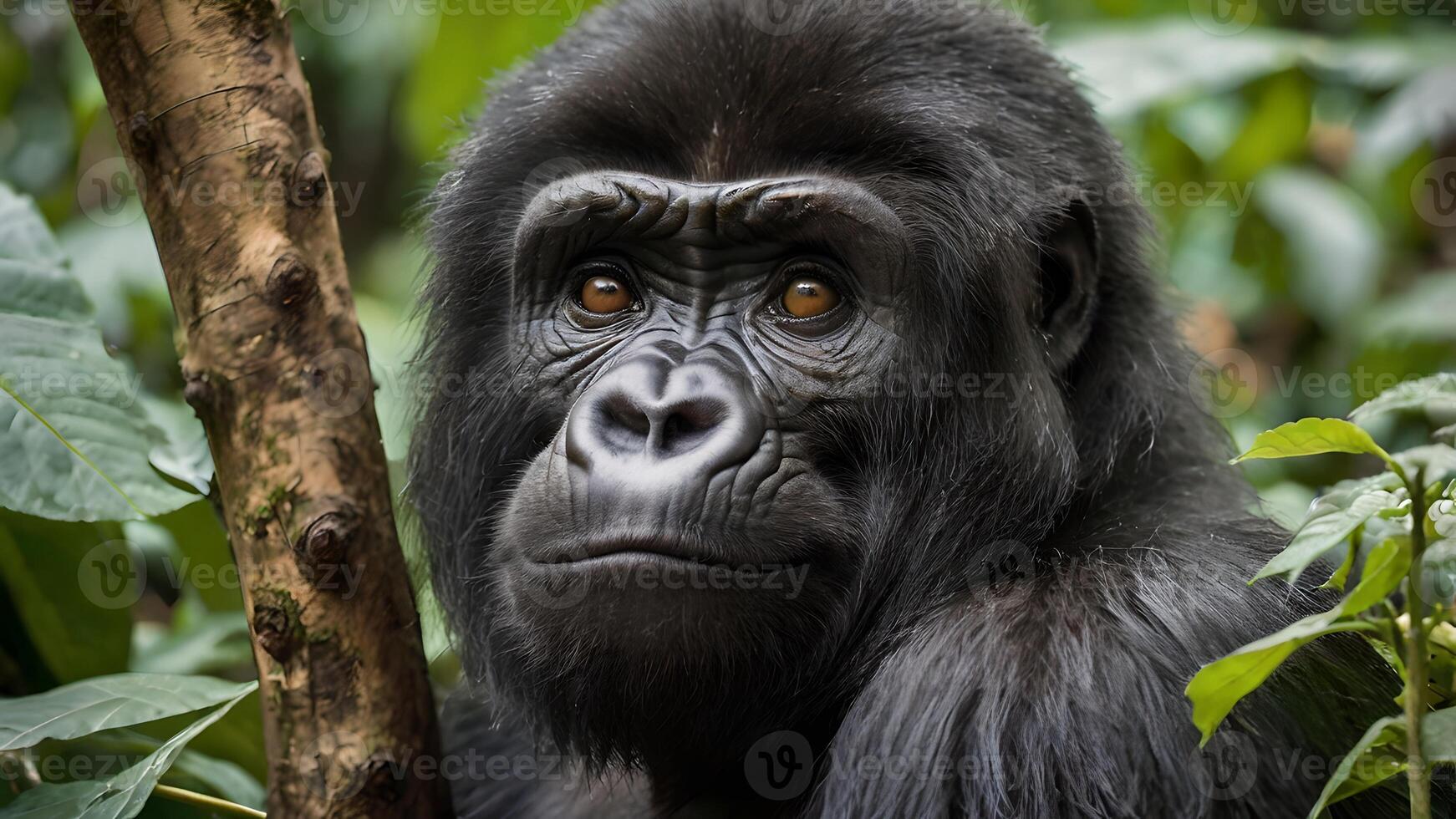 Majestic Mountain Gorilla Portrait in Lush African Forest closeup photo