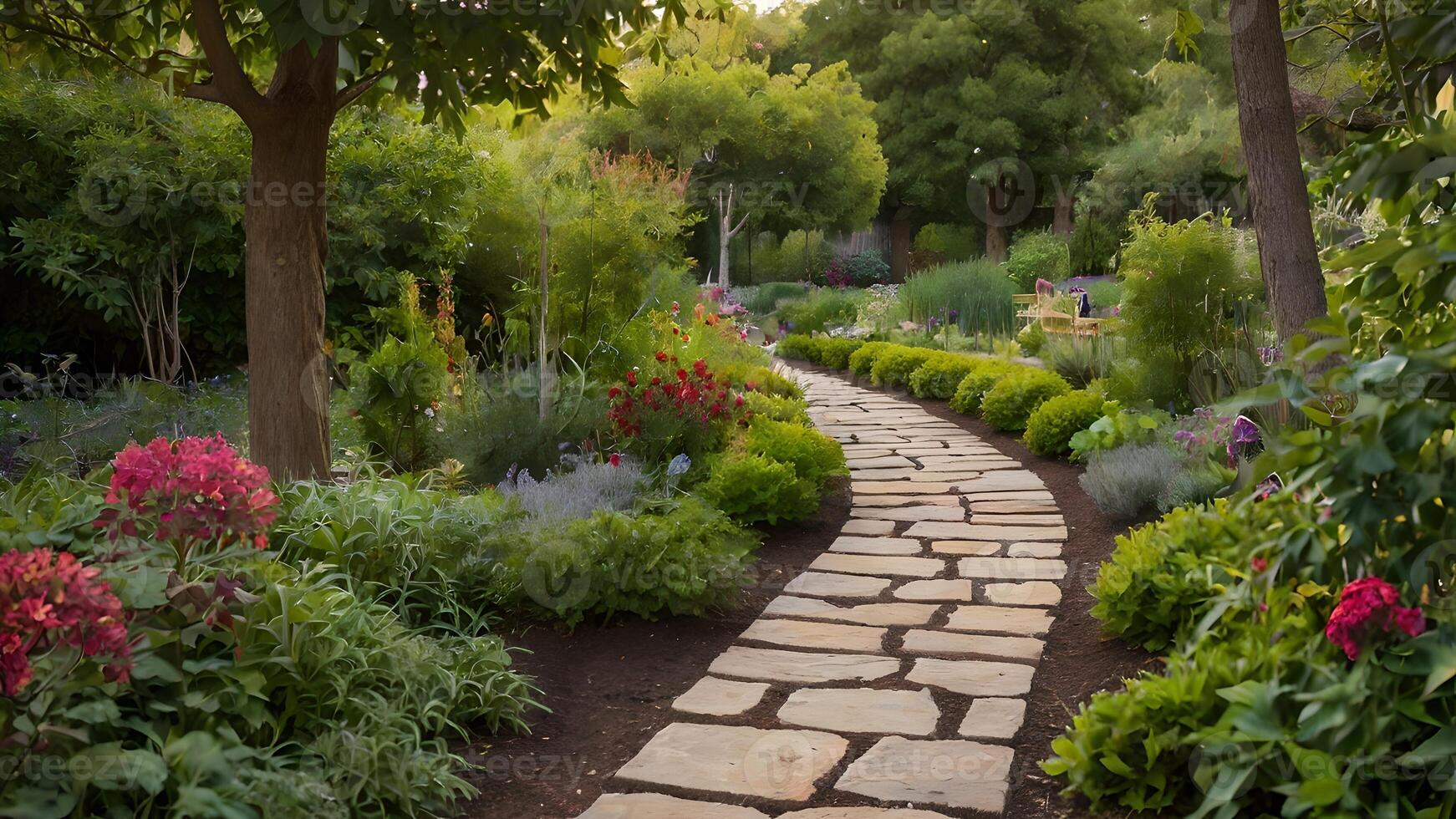 Serene Garden Path Winding Through Lush Greenery landscape photo