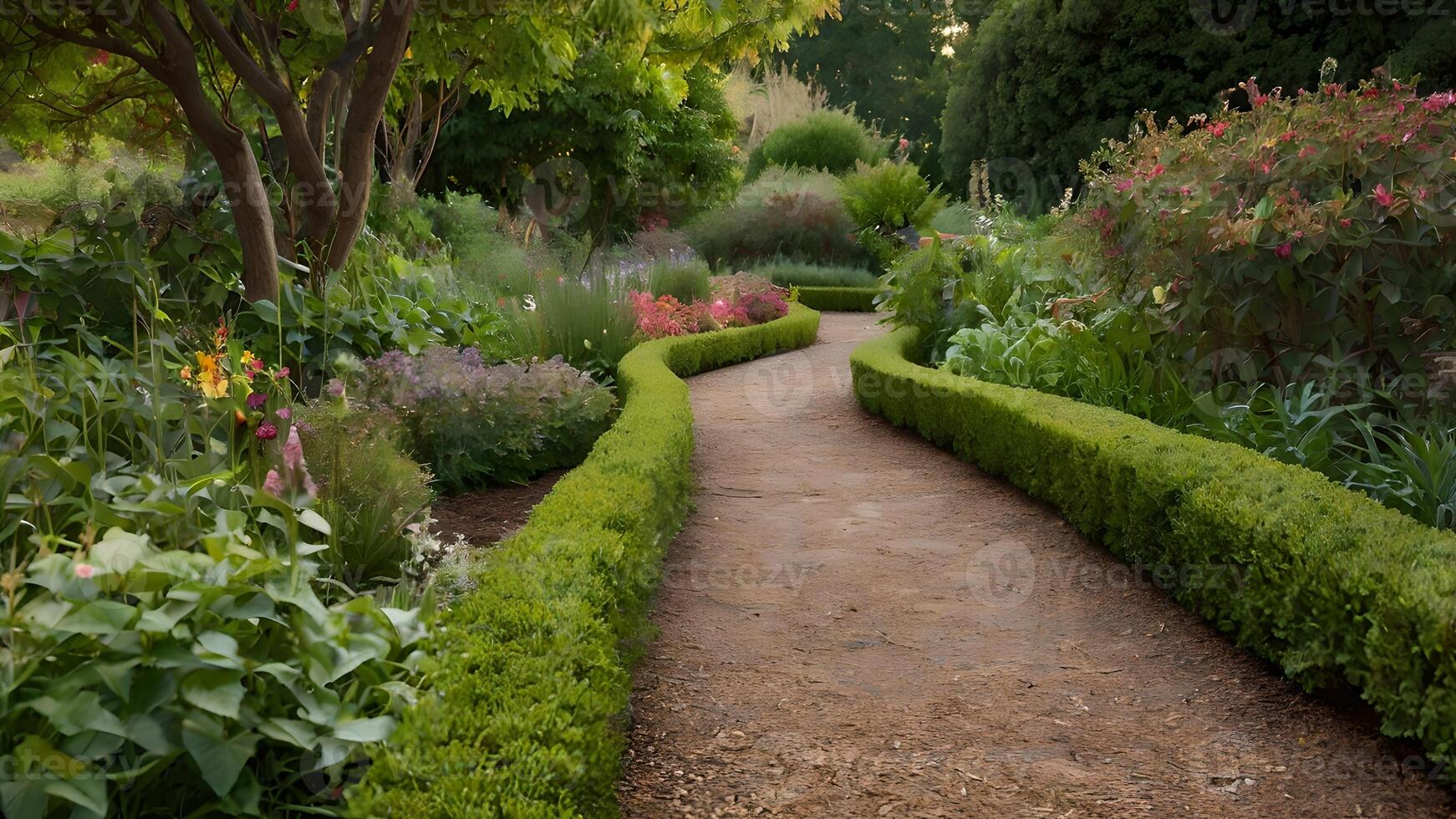 Serene Garden Path Winding Through Lush Greenery outdoor photo