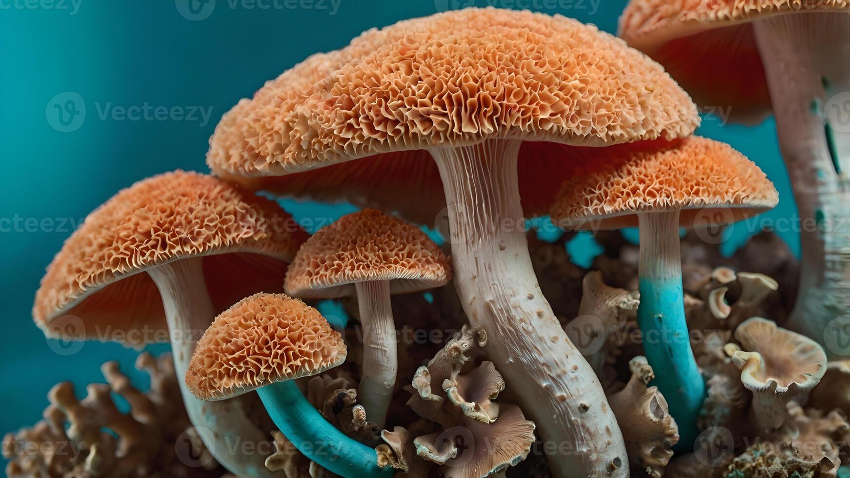 Vibrant Coral Mushrooms Cluster on Turquoise Background cluster photo