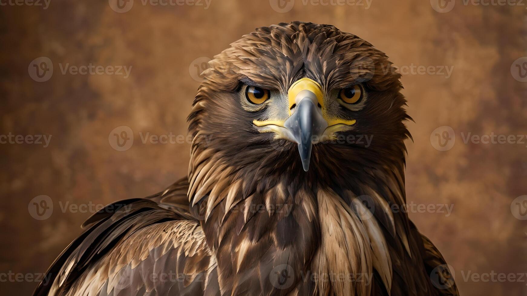 Close Up Of A Majestic Golden Eagle Portrait Against Brown Background looking straight in camera photo